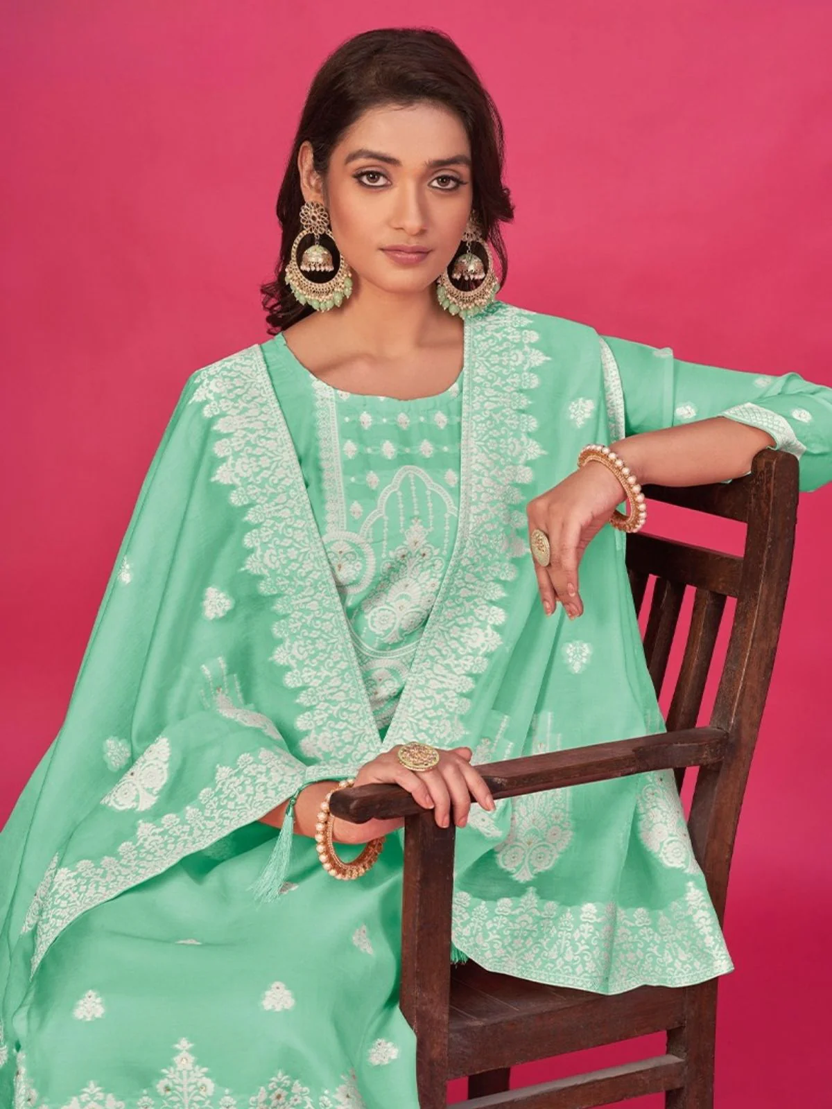 Odette Green Organza Embroidered Semi-Stitched Kurta Set For Women - Image 2