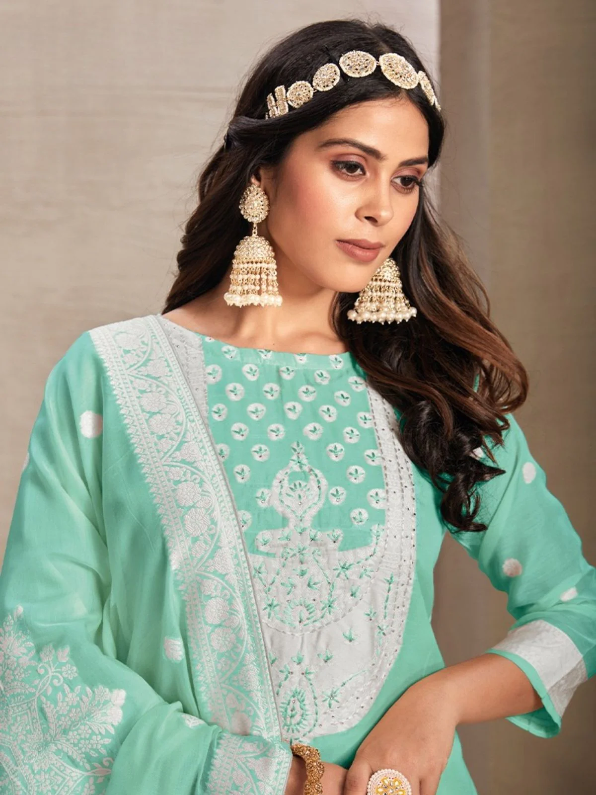 Odette Green Organza Embroidered Semi-Stitched Kurta Set For Women - Image 2