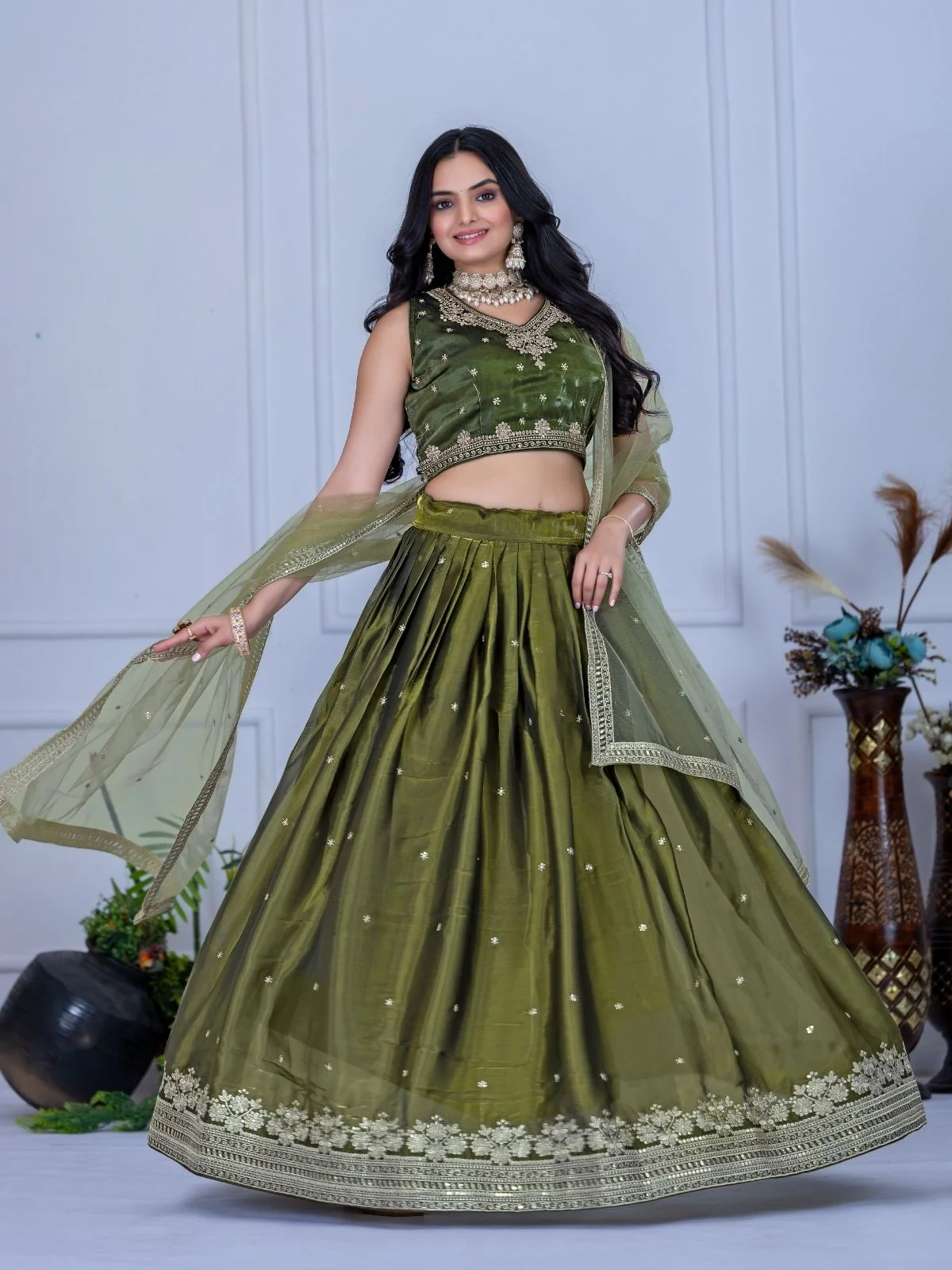 Odette Green Organza Embroidered Semi-Stitched lehenga For Women - Image 2