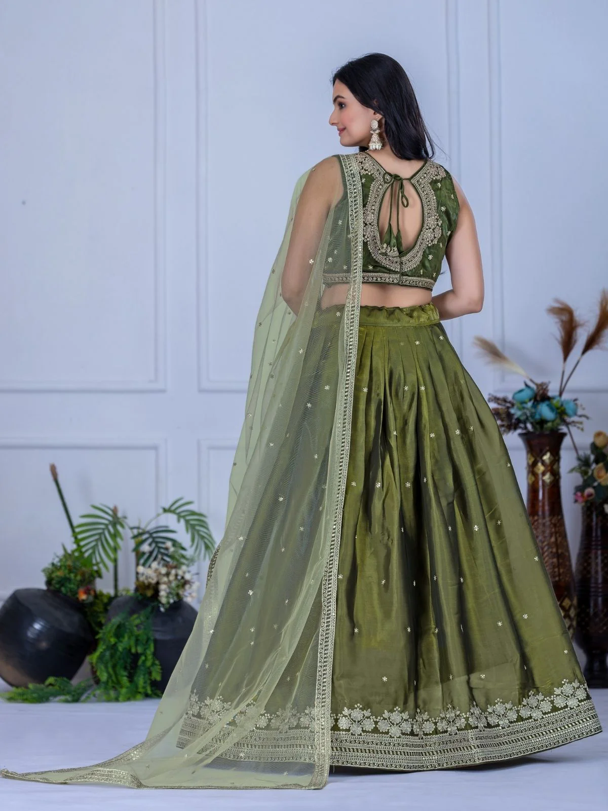 Odette Green Organza Embroidered Semi-Stitched lehenga For Women - Image 4