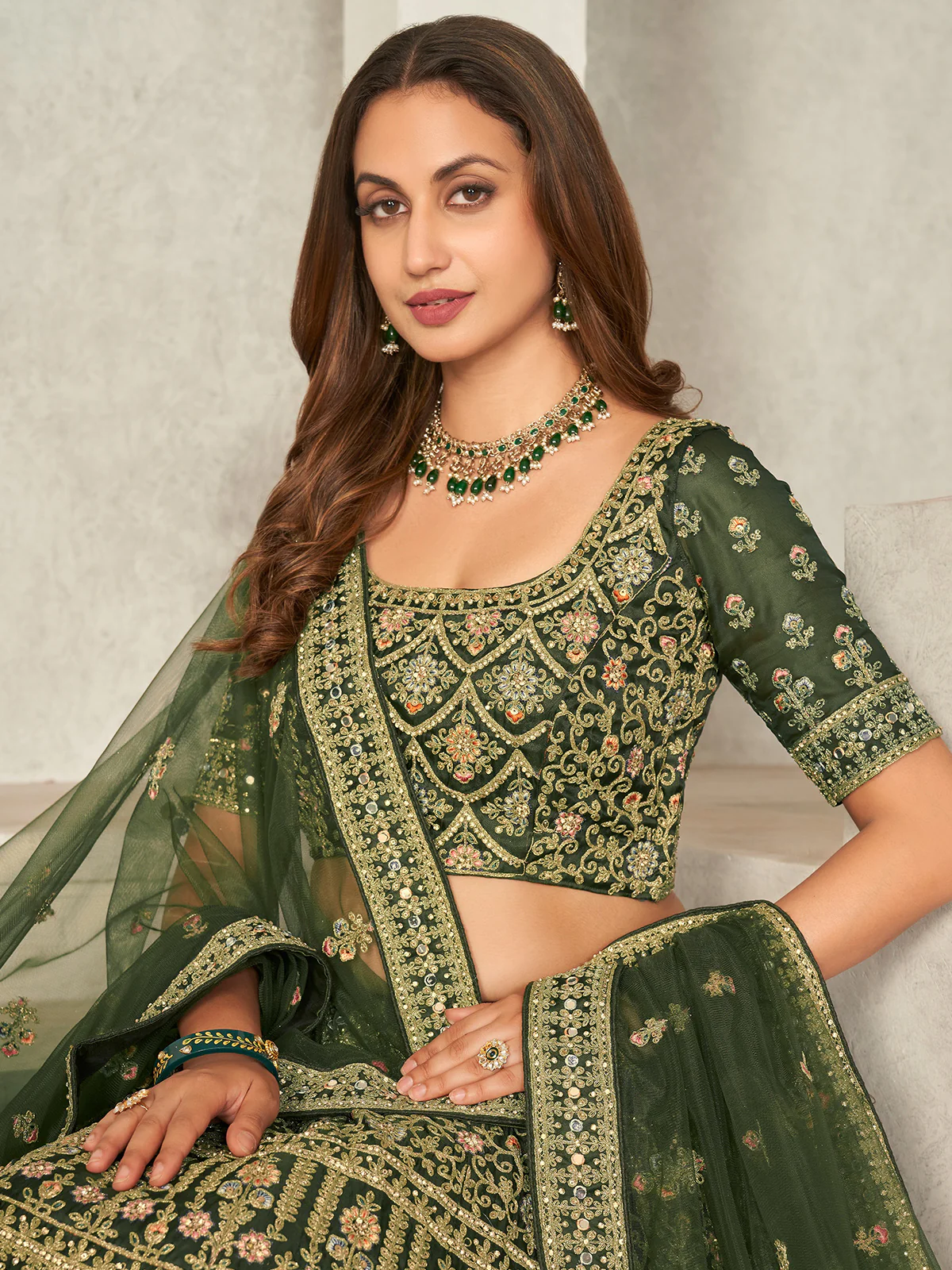 Odette Green Organza Blend Embroidered Semi Stitched Lehenga With Unstitched Blouse for Women - Image 4
