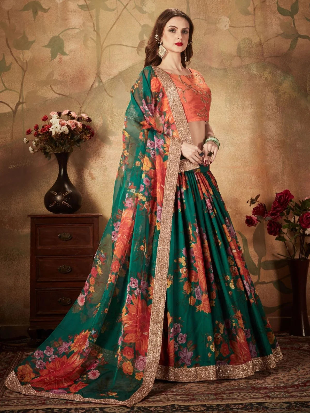 Odette Green Organza Printed Semi Stitched Lehenga With Unstitched Blouse For Women - Image 3