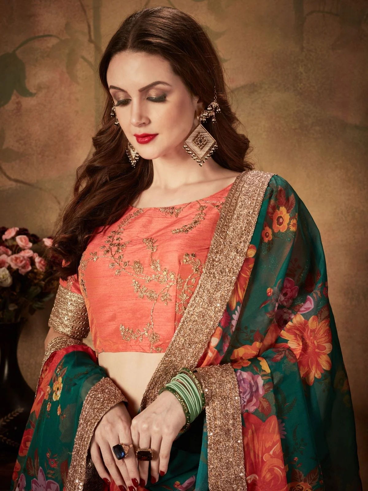 Odette Green Organza Printed Semi Stitched Lehenga With Unstitched Blouse For Women - Image 5