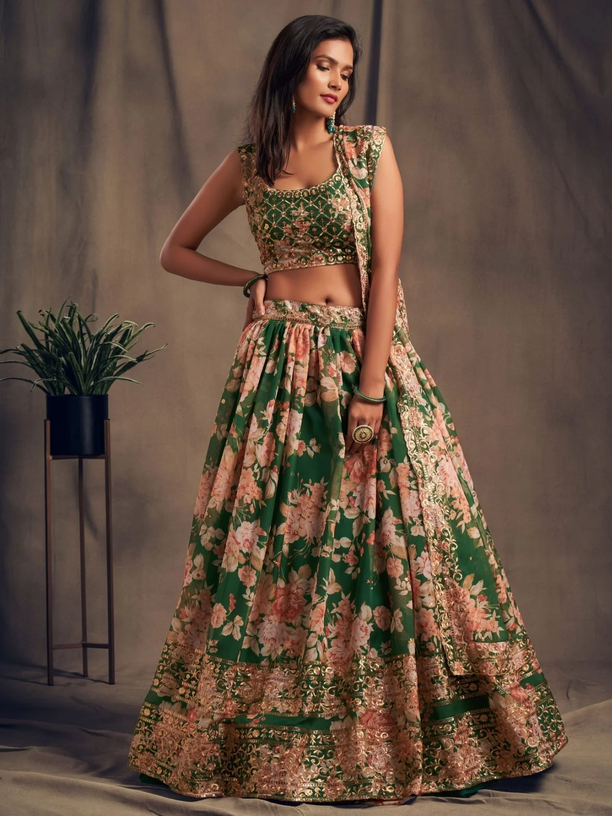 Odette Green Organza Printed Semi Stitched Lehenga With Unstitched Blouse For Women - Image 2