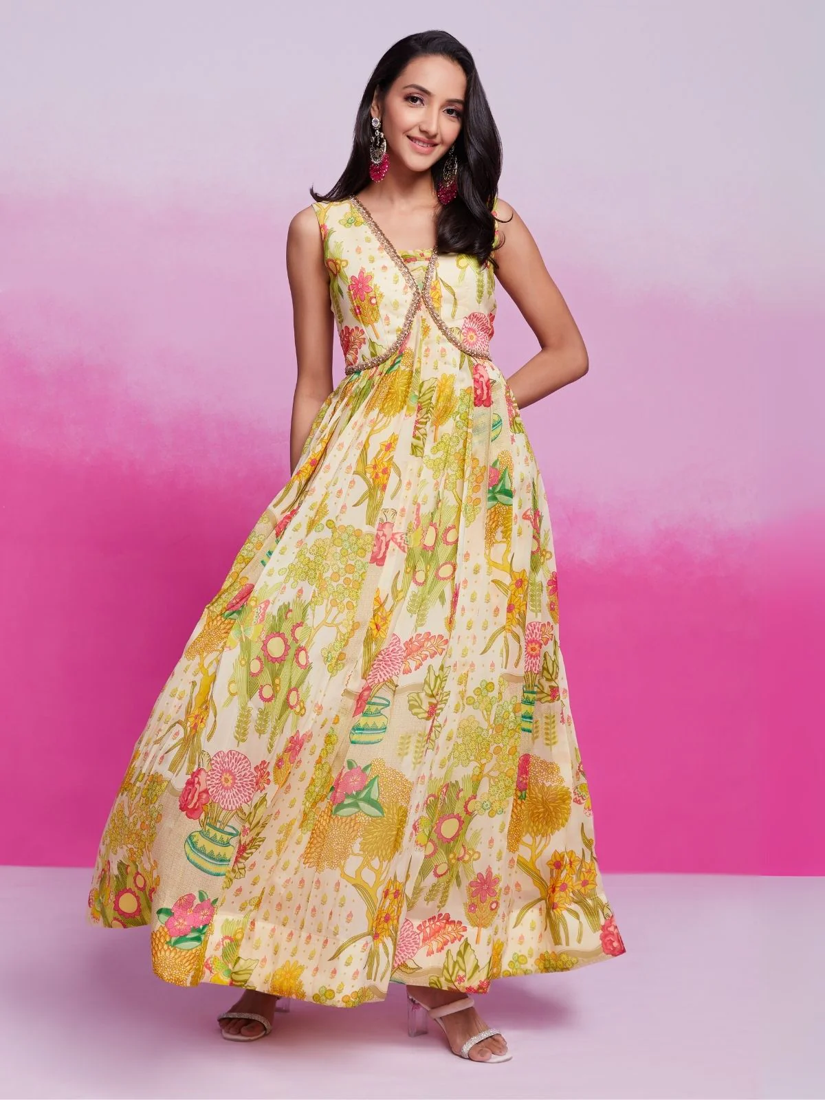 Odette Green Organza Printed Stitched Gown For Women - Image 2