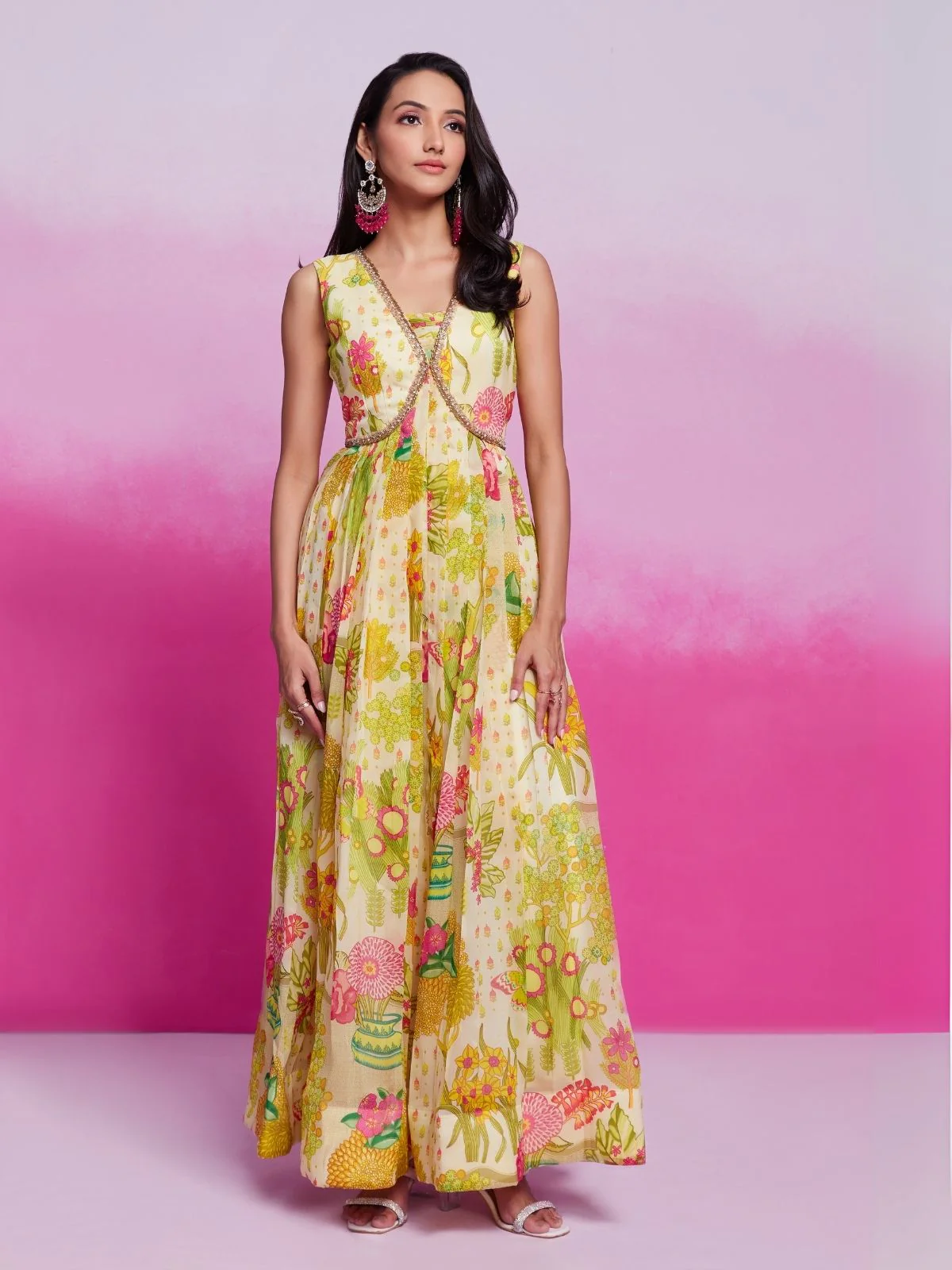 Odette Green Organza Printed Stitched Gown For Women - Image 3