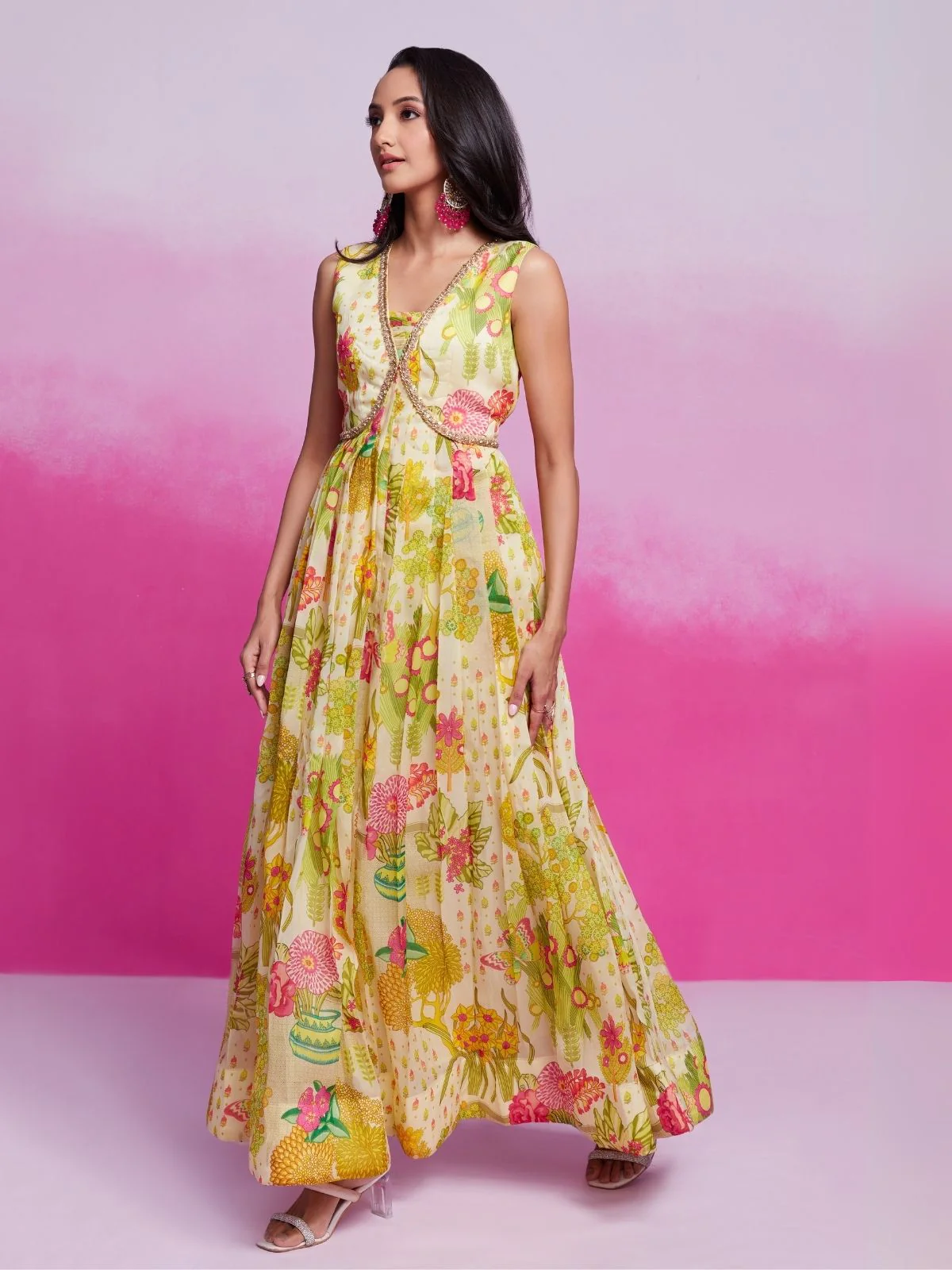 Odette Green Organza Printed Stitched Gown For Women - Image 4