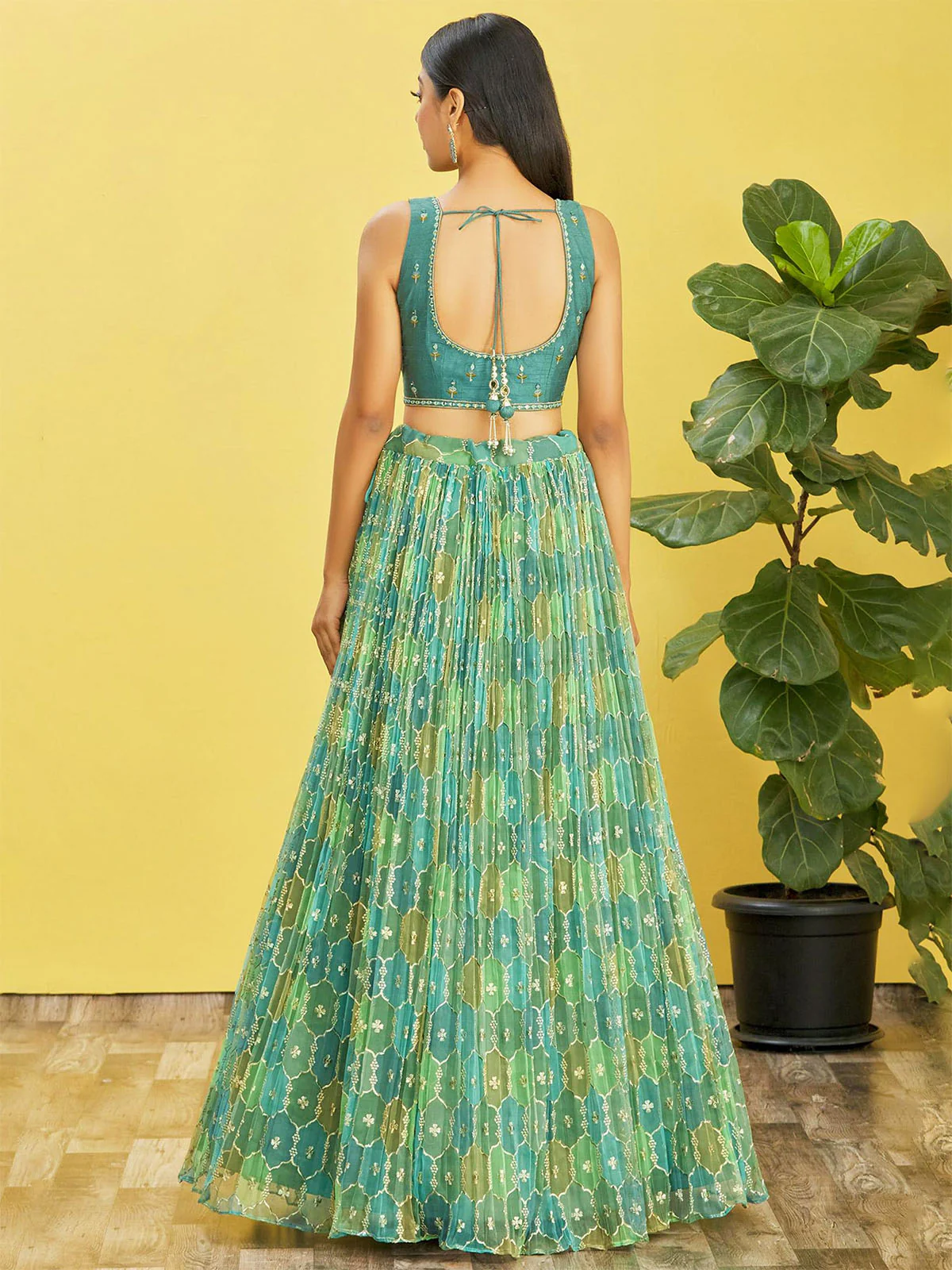 Odette Green Organza Silk Embellished Semi Stitched Lehenga With Unstitched Blouse For Women - Image 4