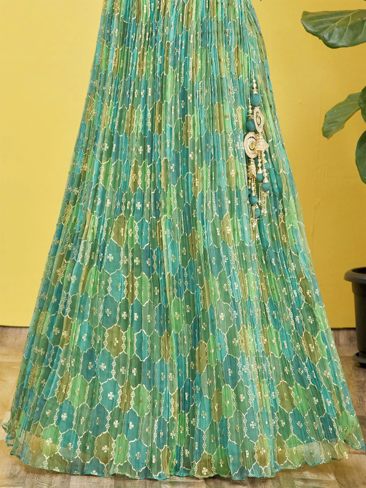 Odette Green Organza Silk Embellished Semi Stitched Lehenga With Unstitched Blouse For Women - Image 6