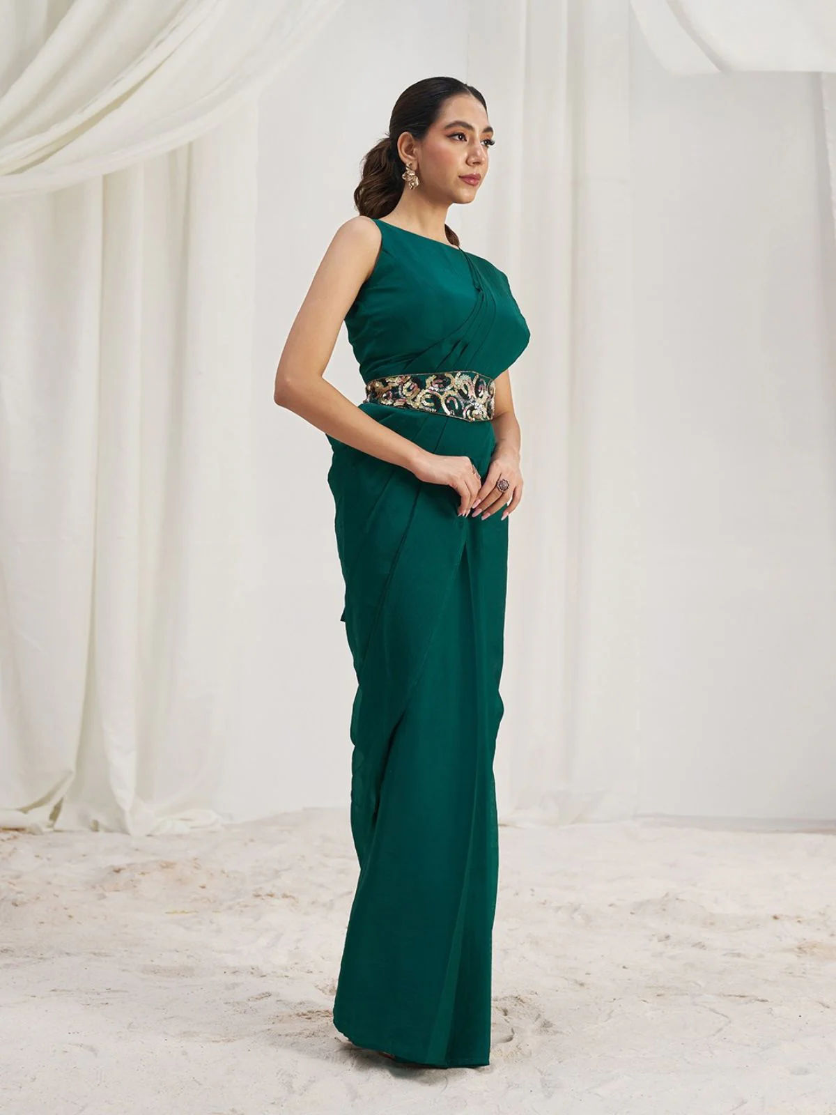 Odette Green Organza Solid Ready To Wear Saree With Stitched Blouse For Women - Image 3