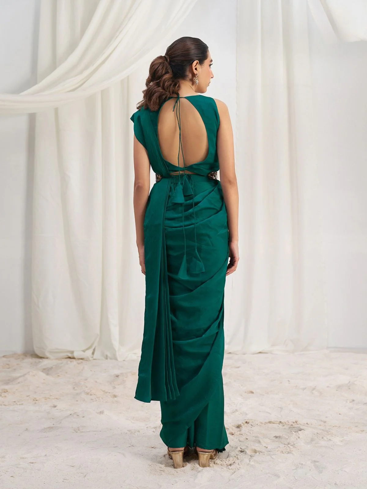 Odette Green Organza Solid Ready To Wear Saree With Stitched Blouse For Women - Image 5