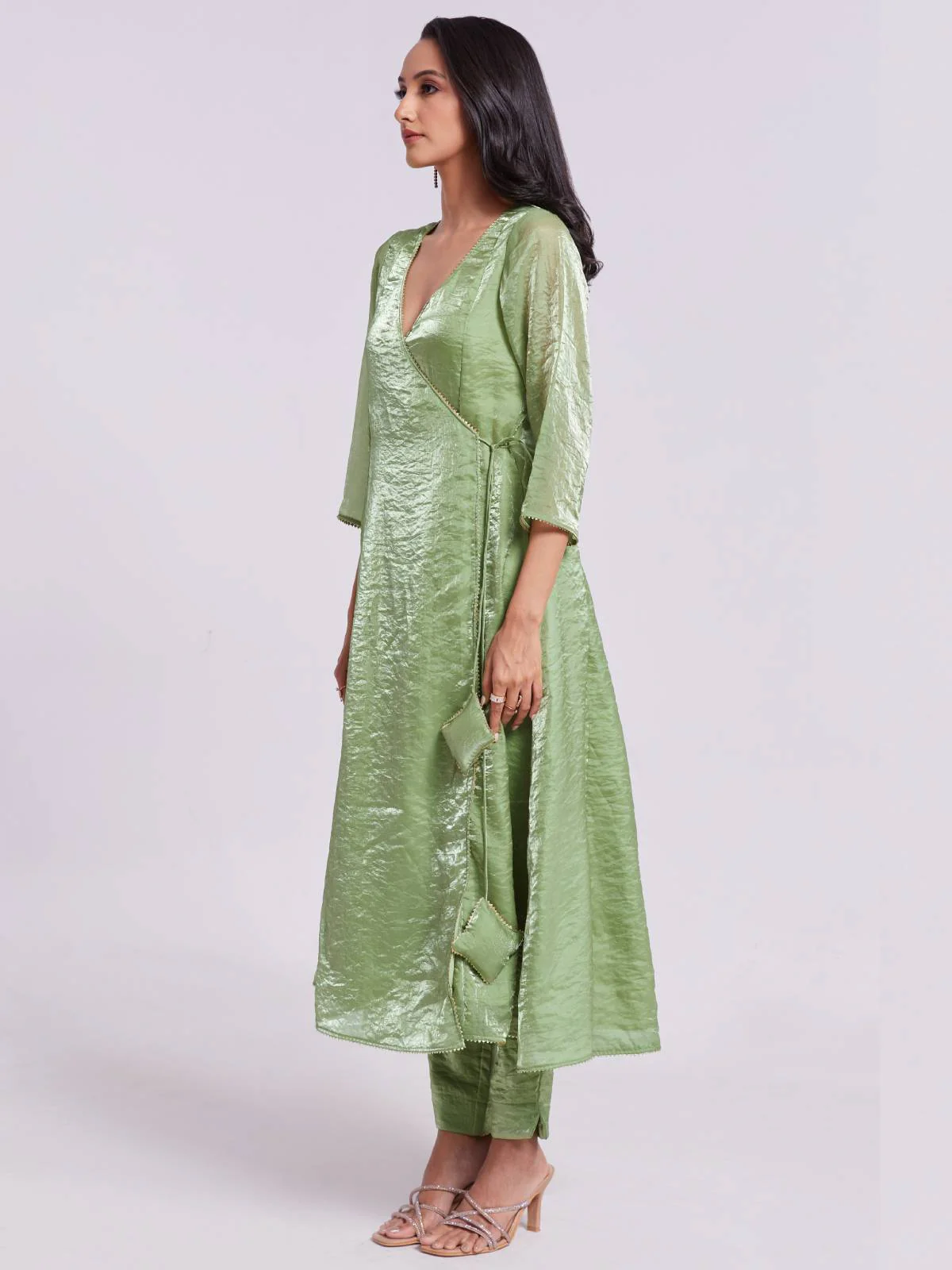 Odette Green Organza Solid Stitched Kurta Set For Women - Image 4