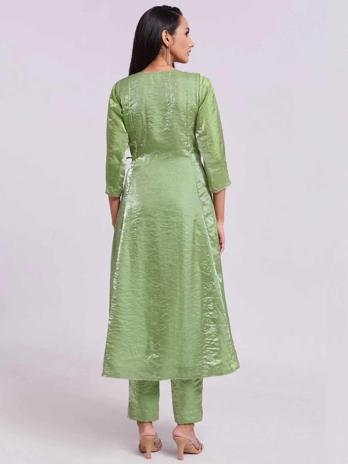 Odette Green Organza Solid Stitched Kurta Set For Women - Image 5