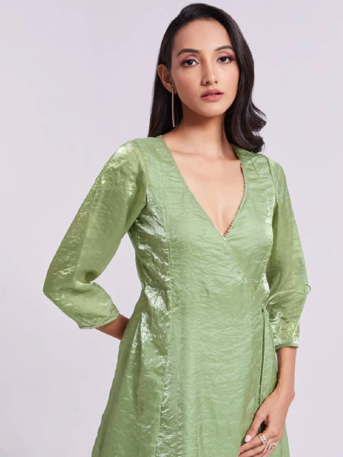 Odette Green Organza Solid Stitched Kurta Set For Women - Image 6