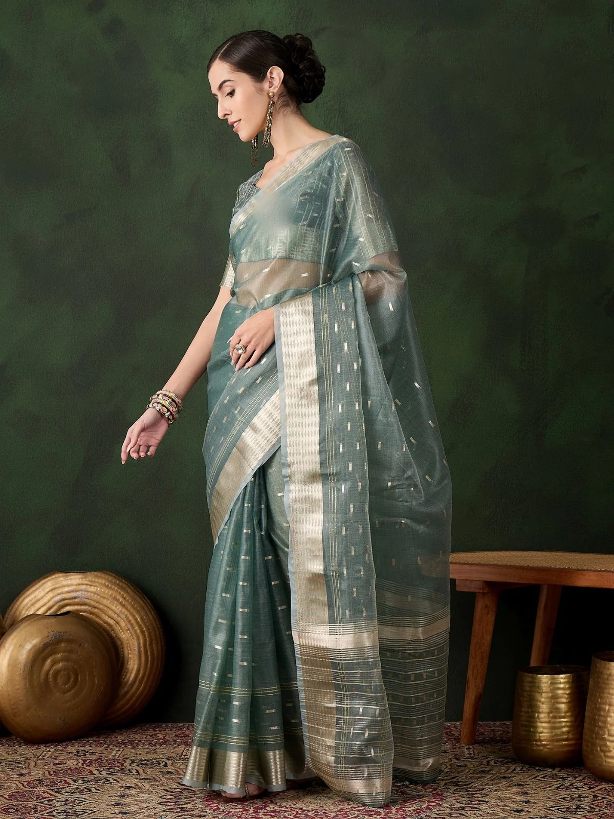 Odette Green Organza Woven Saree With Unstitched Blouse For Women - Image 2