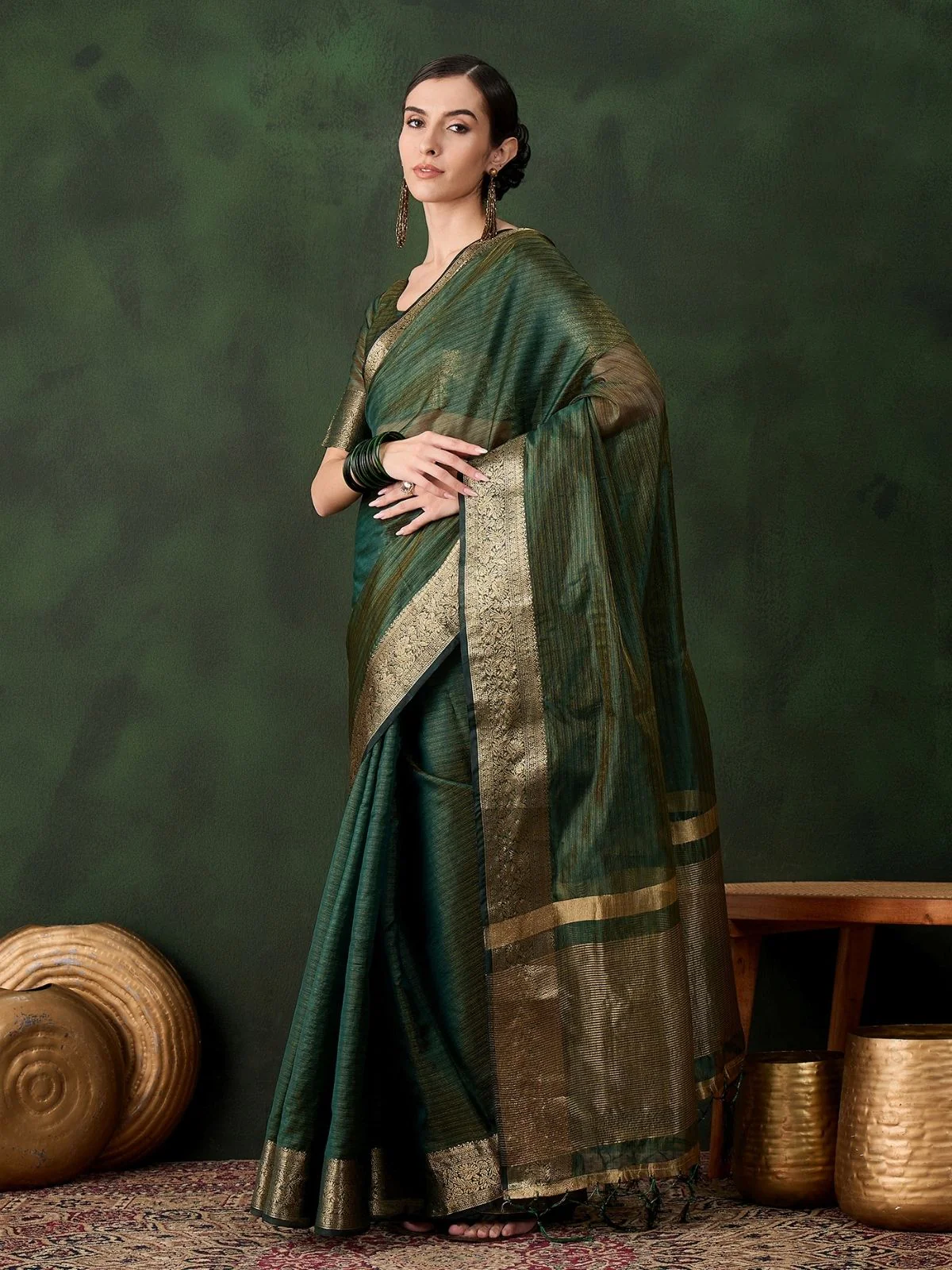 Odette Green Organza Woven Saree With Unstitched Blouse For Women - Image 2