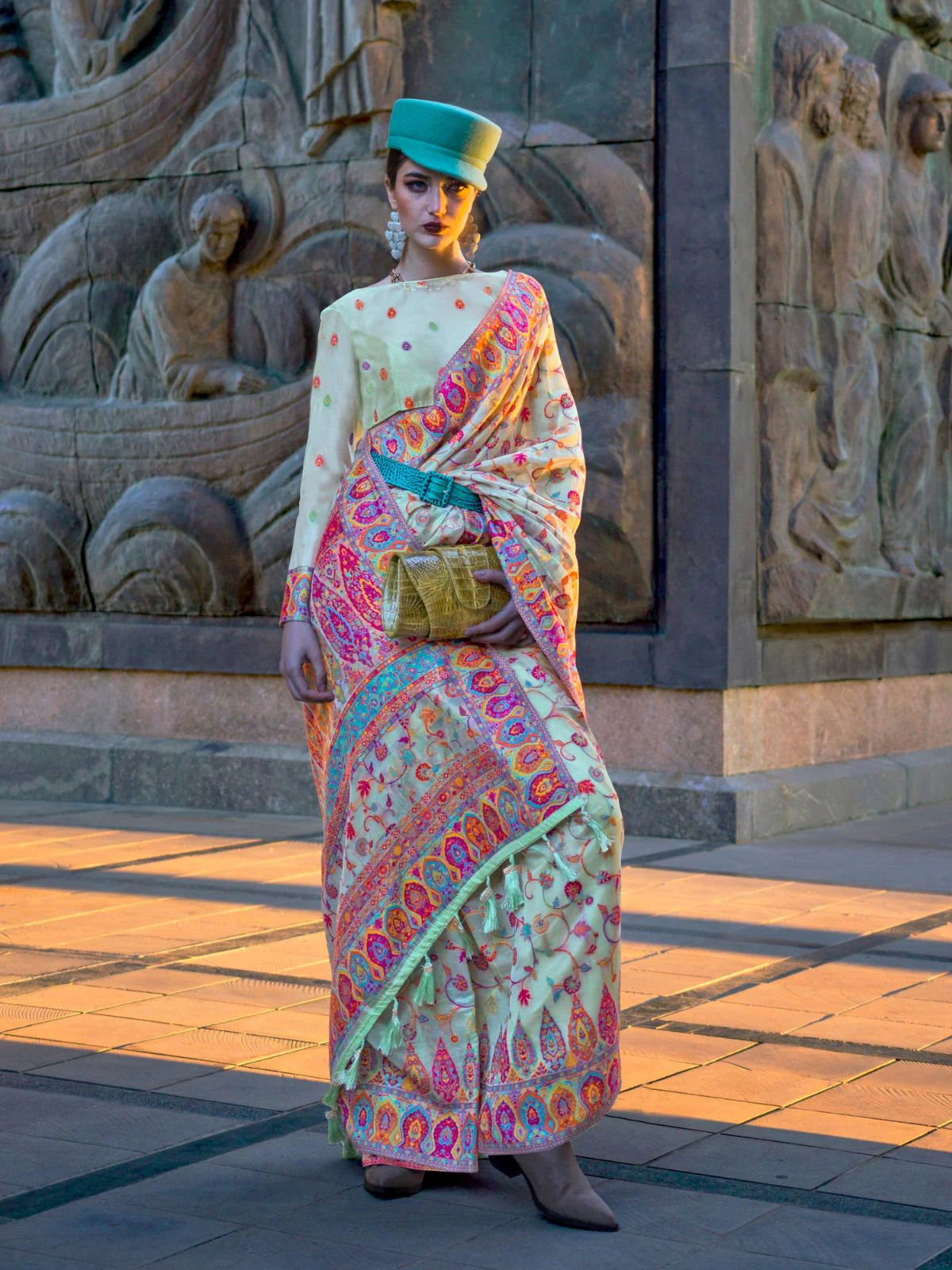 Odette Green Organza Woven Saree With Unstitched Blouse For Women