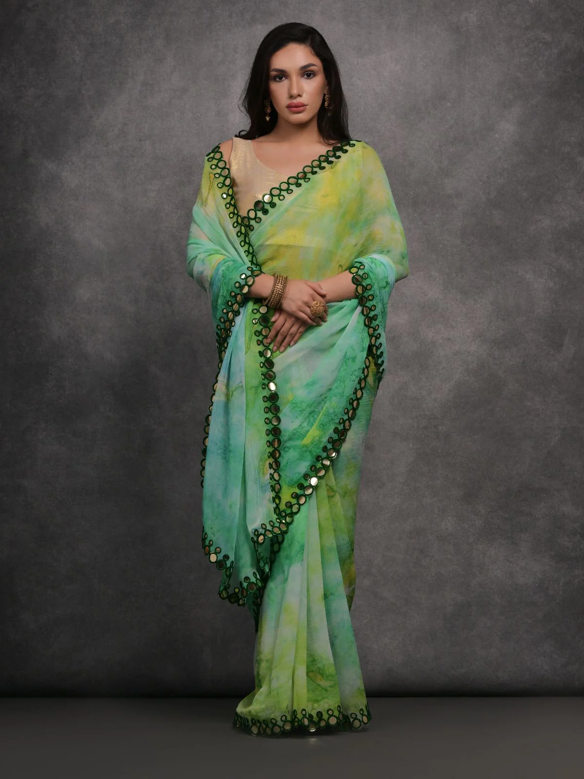 Odette Green Printed Georgette Saree With Unstitched Blouse For Women - Image 3