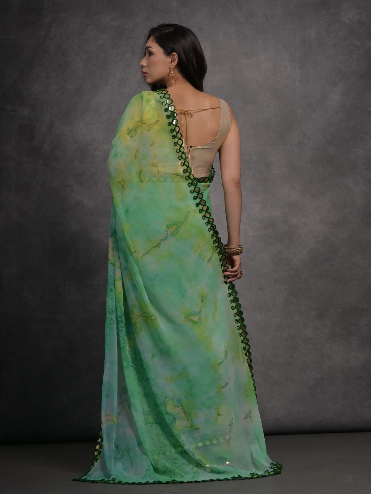 Odette Green Printed Georgette Saree With Unstitched Blouse For Women - Image 5