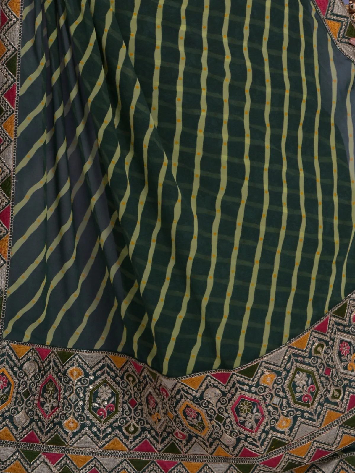 Odette Green Printed Georgette Saree With Unstitched Blouse For Women - Image 8