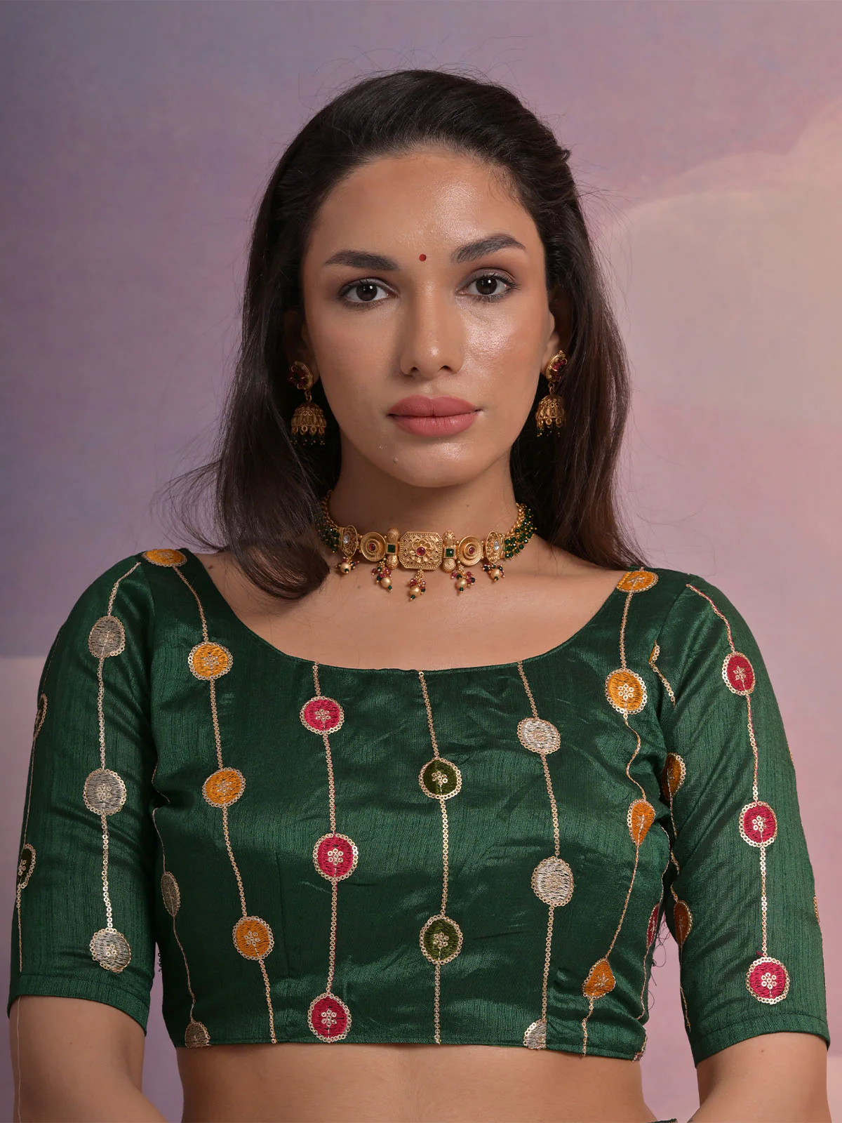 Odette Green Printed Georgette Saree With Unstitched Blouse For Women - Image 6