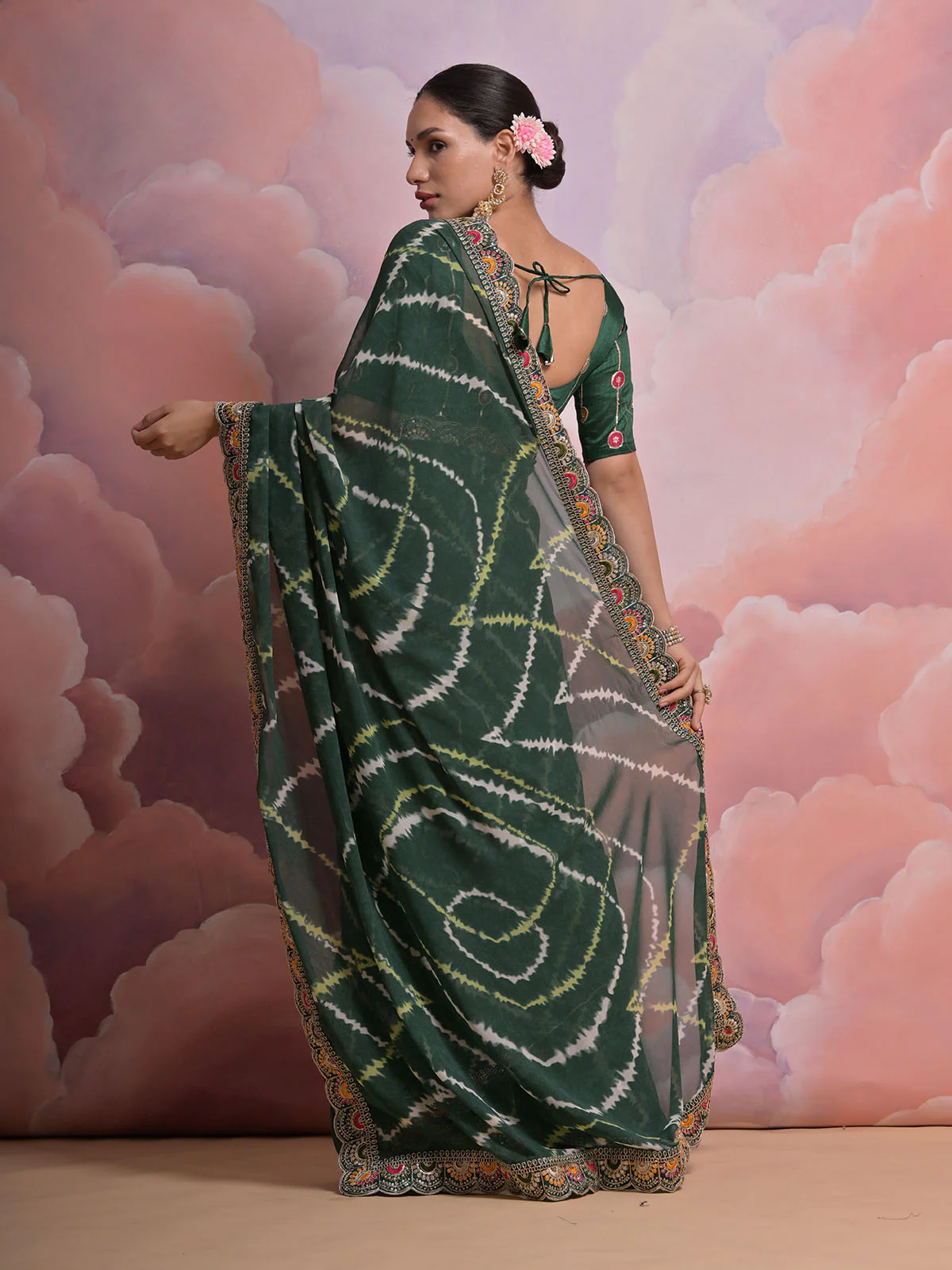 Odette Green Printed Georgette Saree With Unstitched Blouse For Women - Image 5