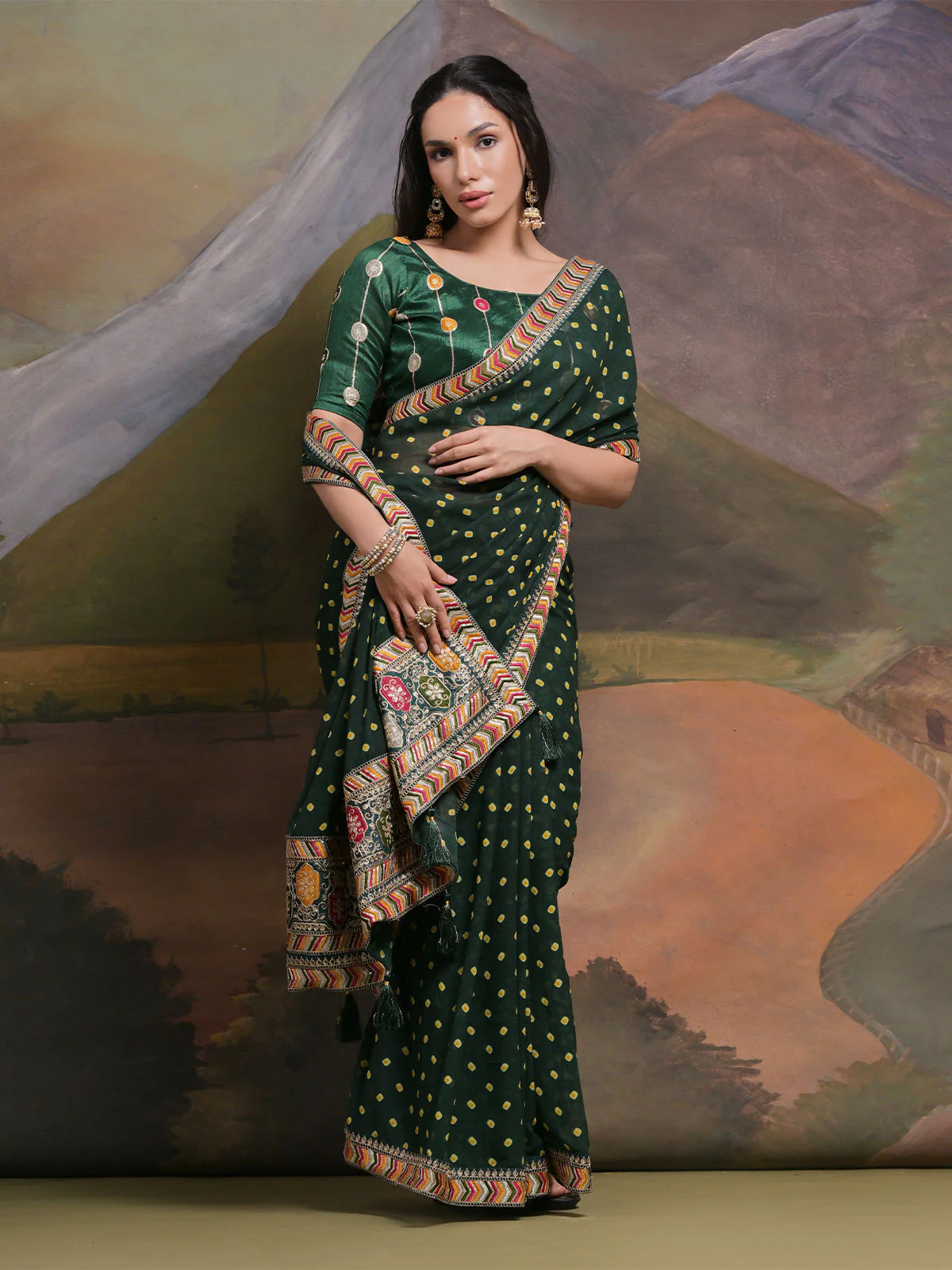Odette Green Printed Georgette Saree With Unstitched Blouse For Women - Image 3