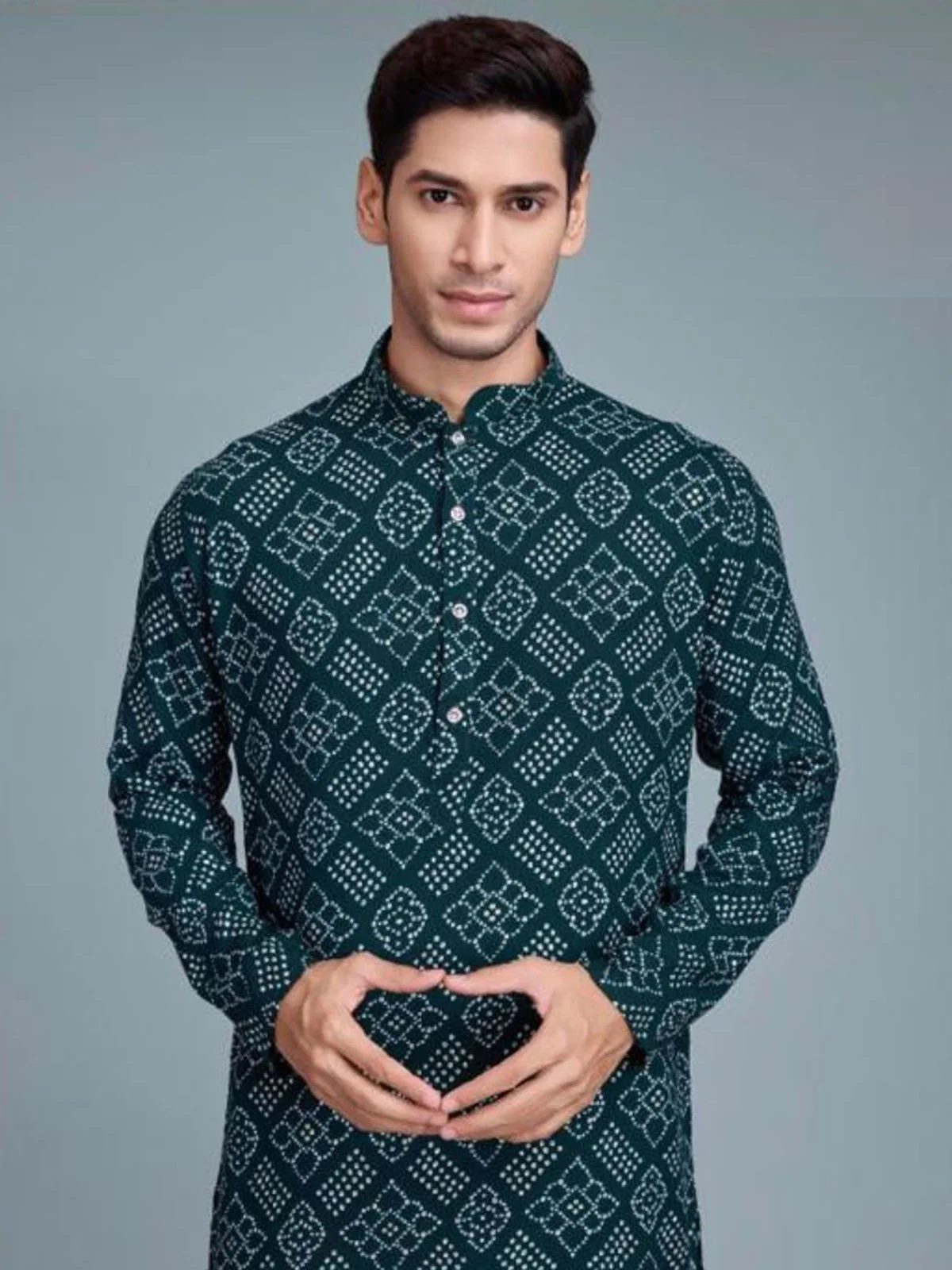 Odette Green Rayon Printed Stitched Kurta For Men - Image 3
