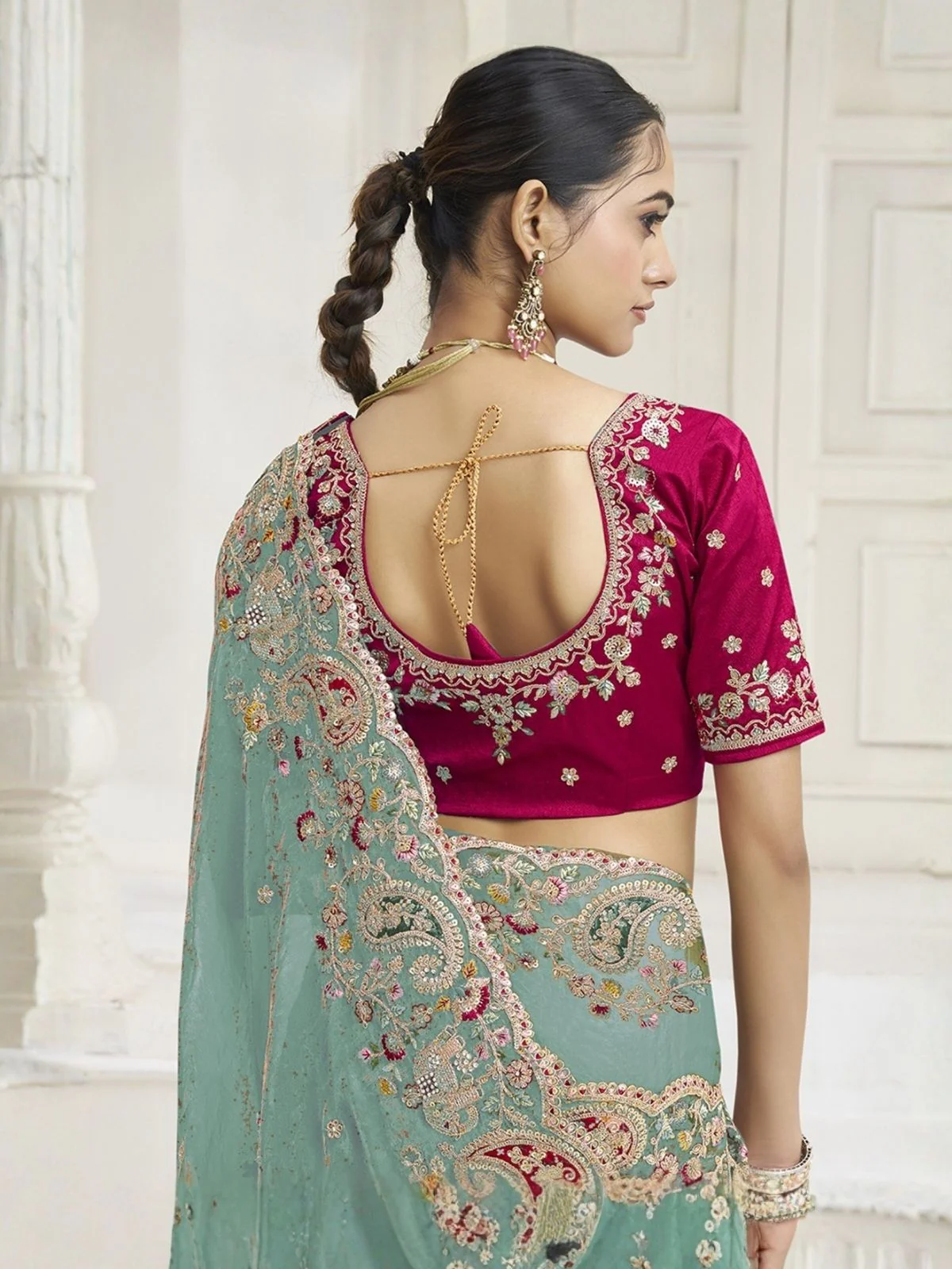 Odette Green Satin Embroidered Saree For Women - Image 2
