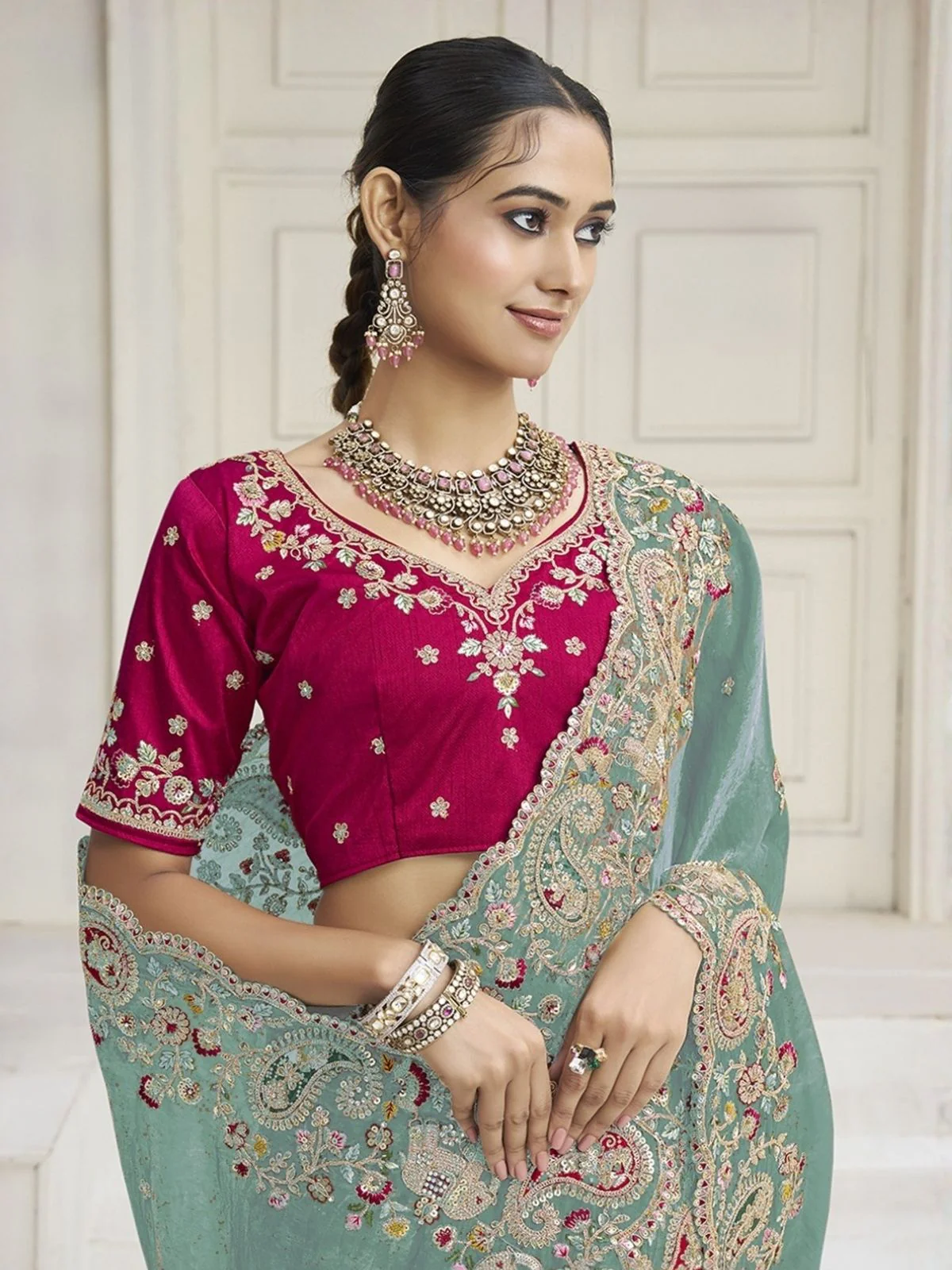 Odette Green Satin Embroidered Saree For Women - Image 3