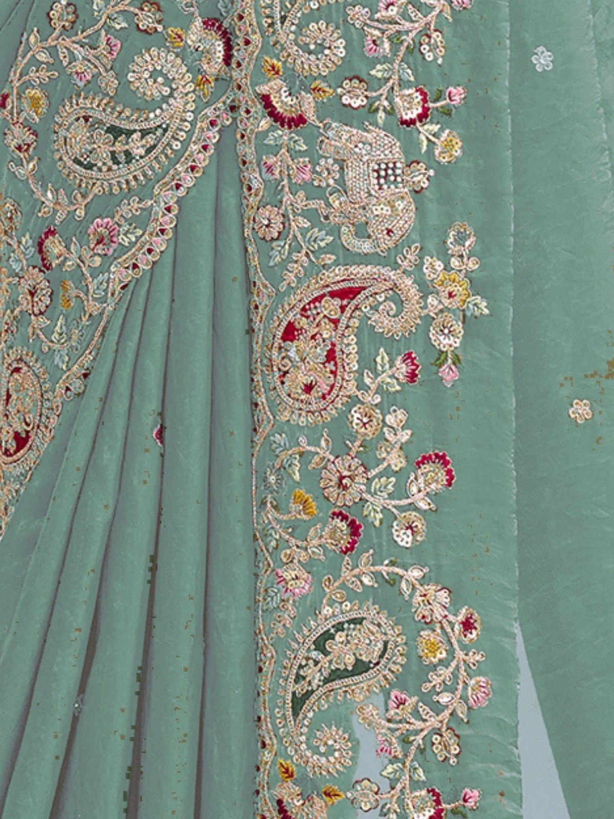 Odette Green Satin Embroidered Saree For Women - Image 4