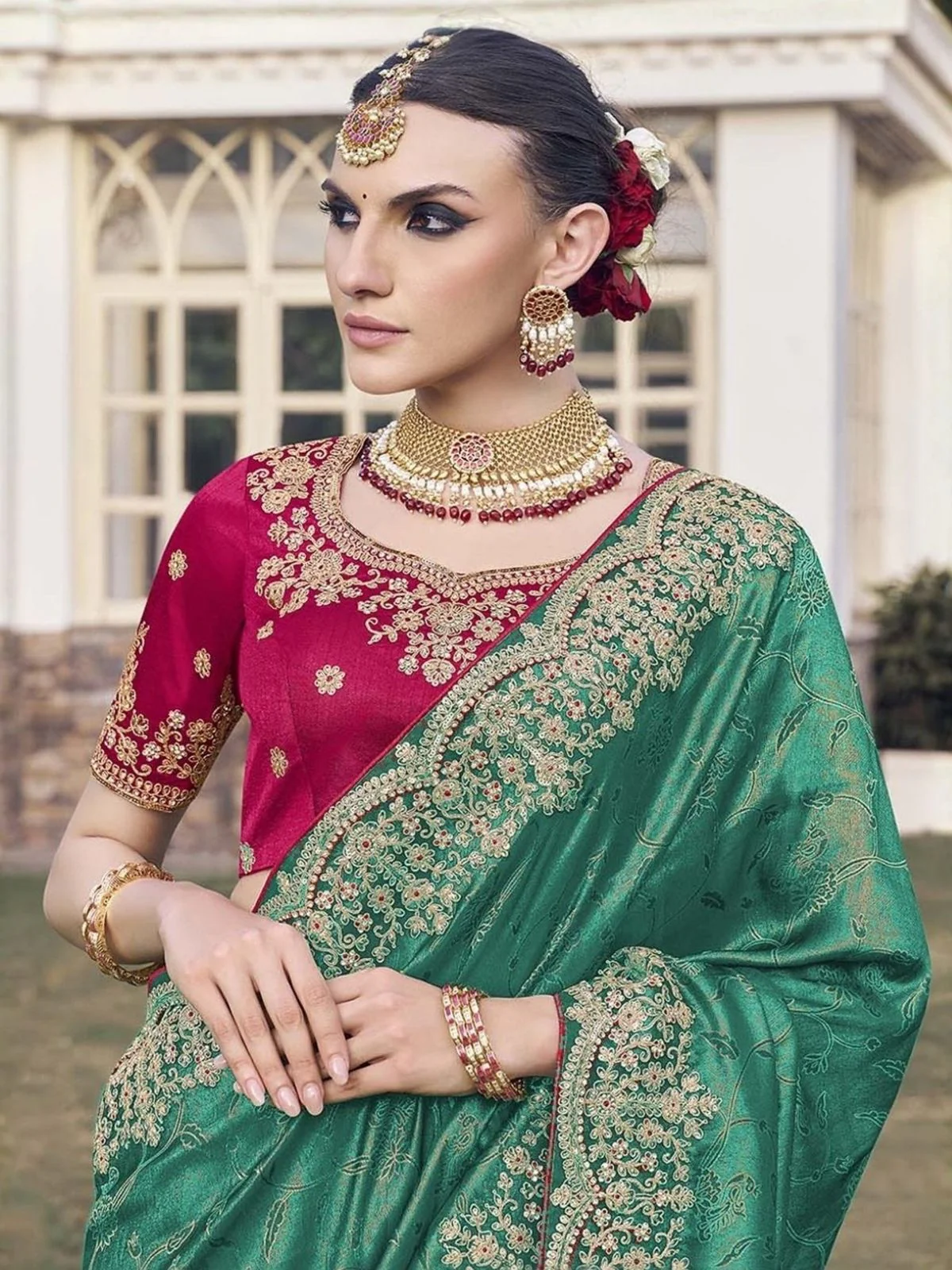 Odette Green Satin Embroidered Saree For Women - Image 2