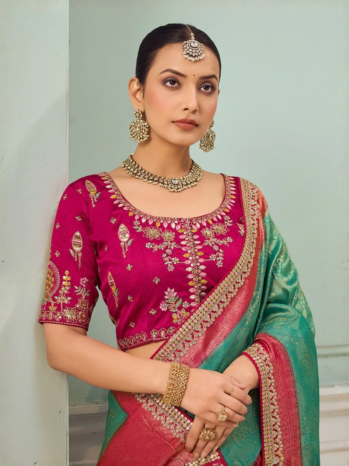 Odette Green Satin Embroidered Saree For Women - Image 2