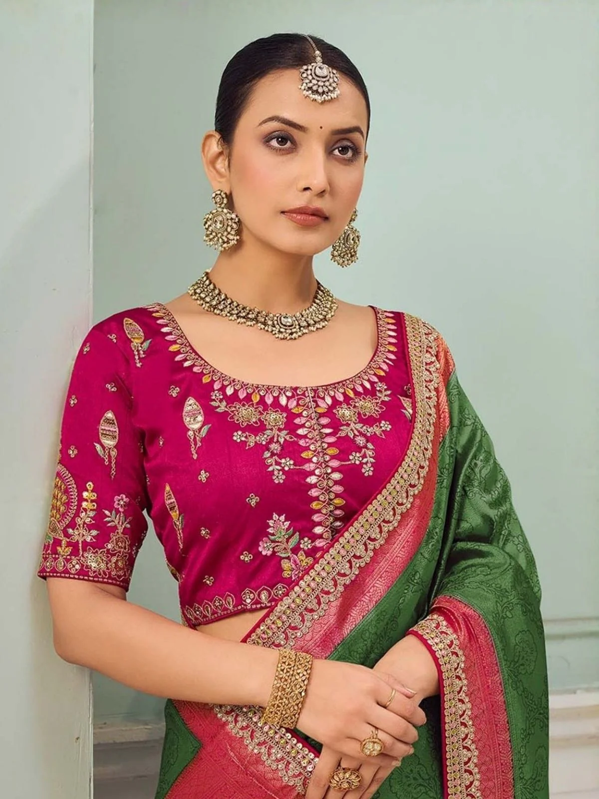 Odette Green Satin Embroidered Saree For Women - Image 2