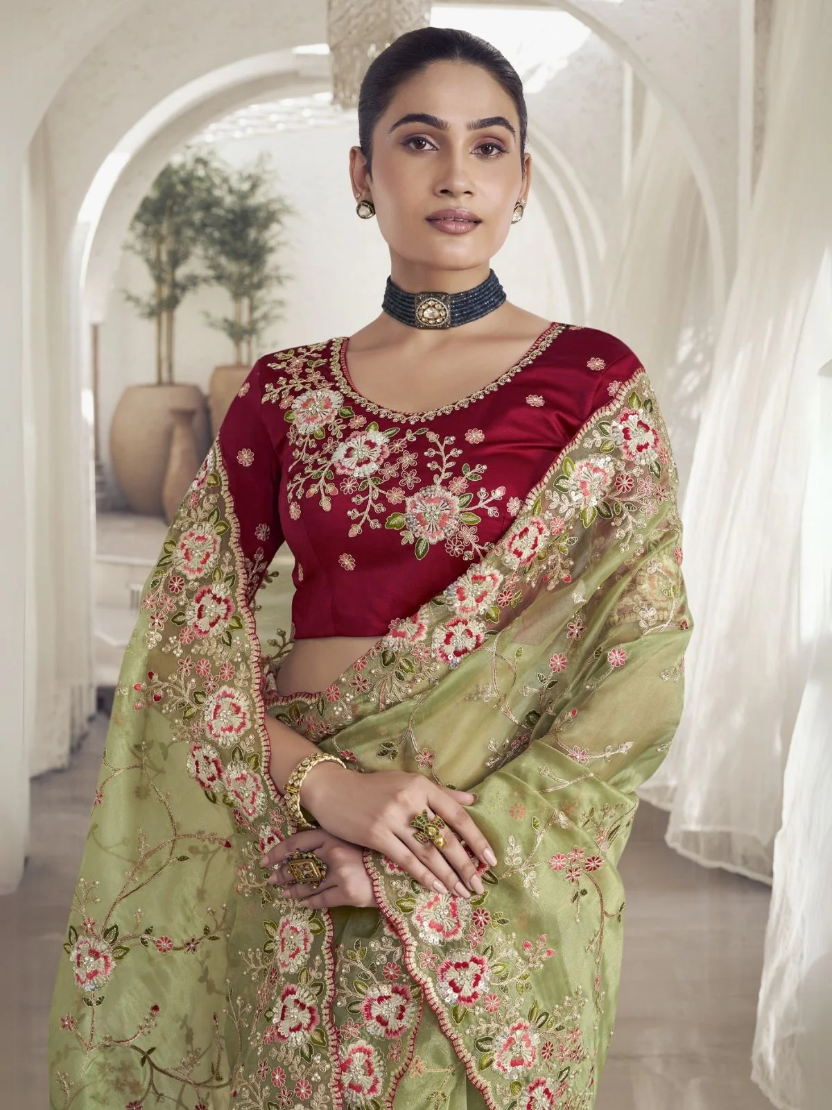 Odette Green Georgette Embroidered Saree With Unstitched Blouse For Women - Image 2