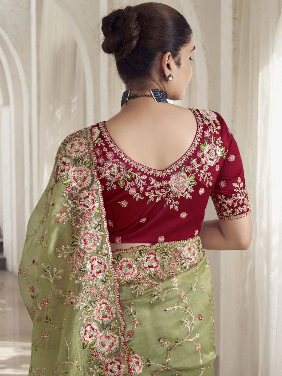 Odette Green Georgette Embroidered Saree With Unstitched Blouse For Women - Image 3