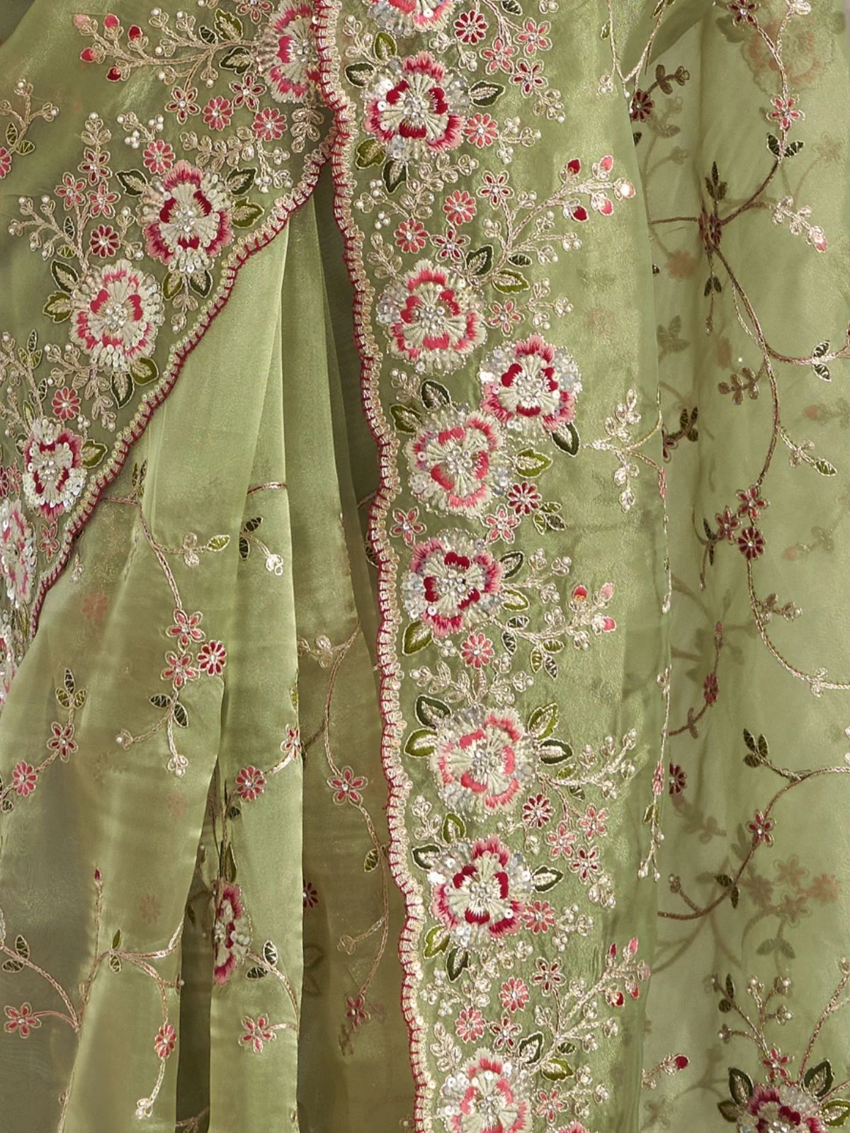 Odette Green Georgette Embroidered Saree With Unstitched Blouse For Women - Image 4