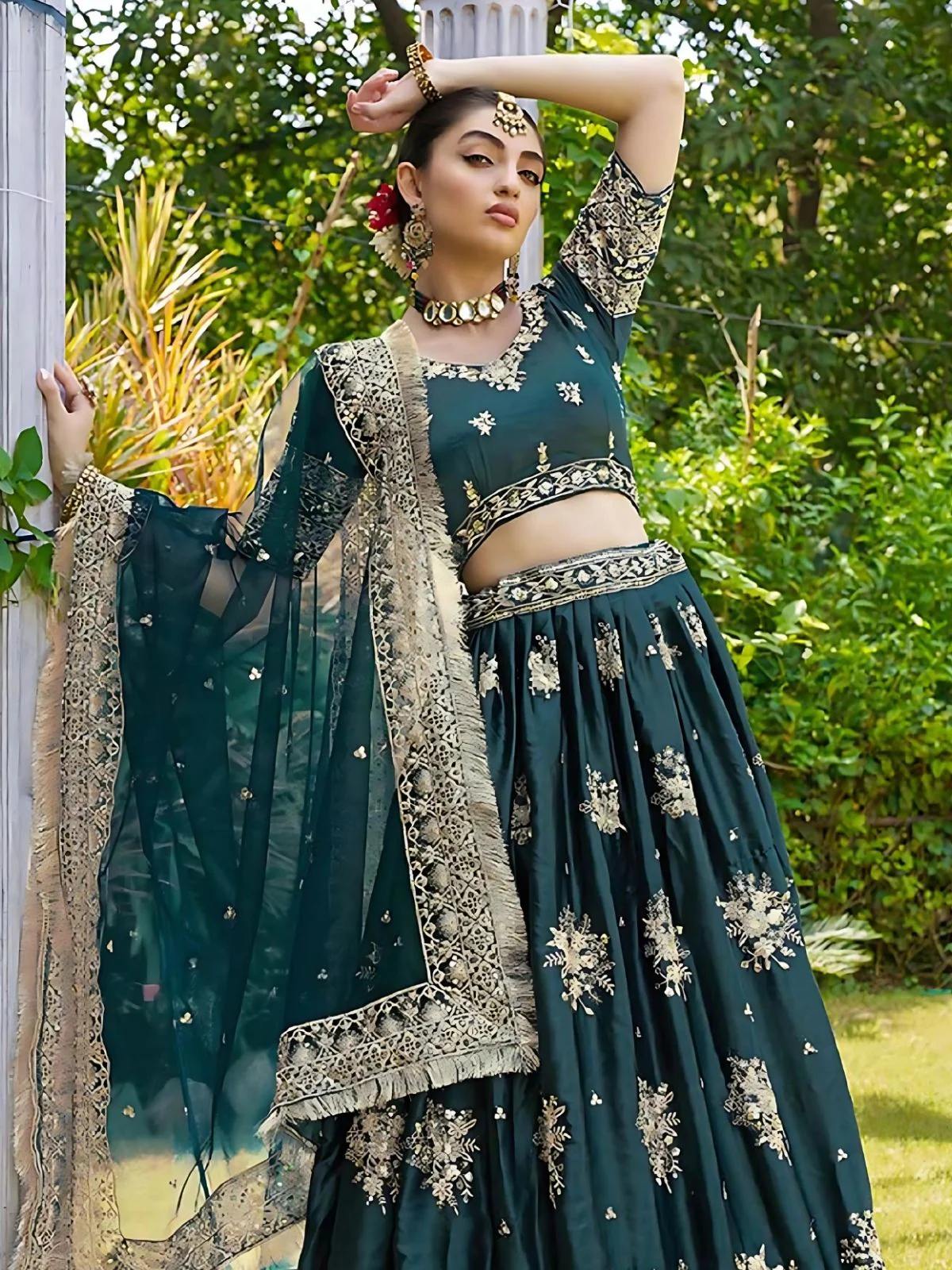 Odette Green Satin Embroidered Semi-Stitched Lehenga For Women - Image 2