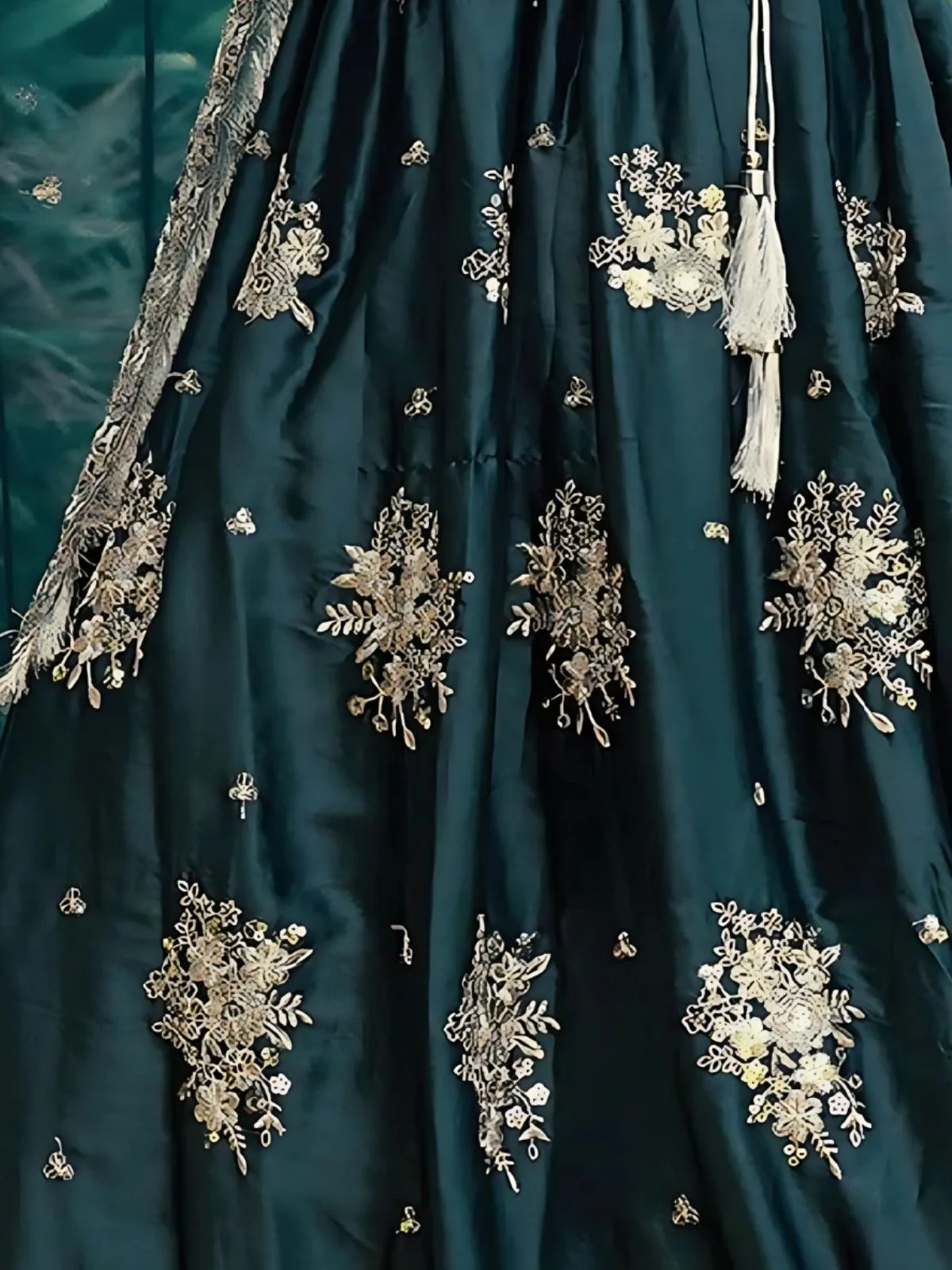 Odette Green Satin Embroidered Semi-Stitched Lehenga For Women - Image 3