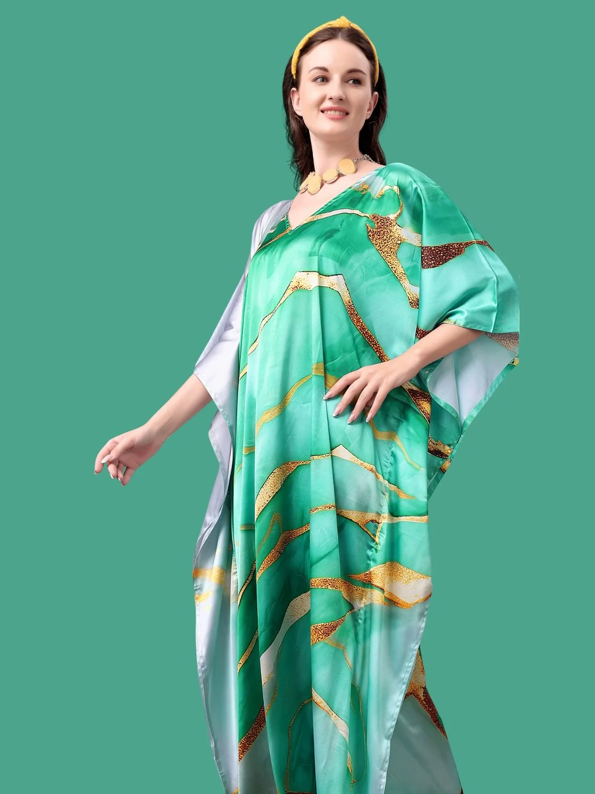 Odette Green Satin Printed Kaftan For Women - Image 4