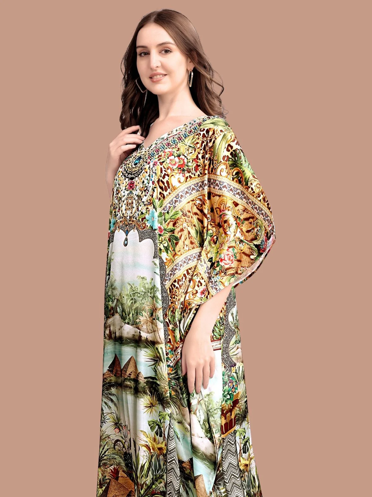 Odette Green Satin Printed Kaftan For Women - Image 4