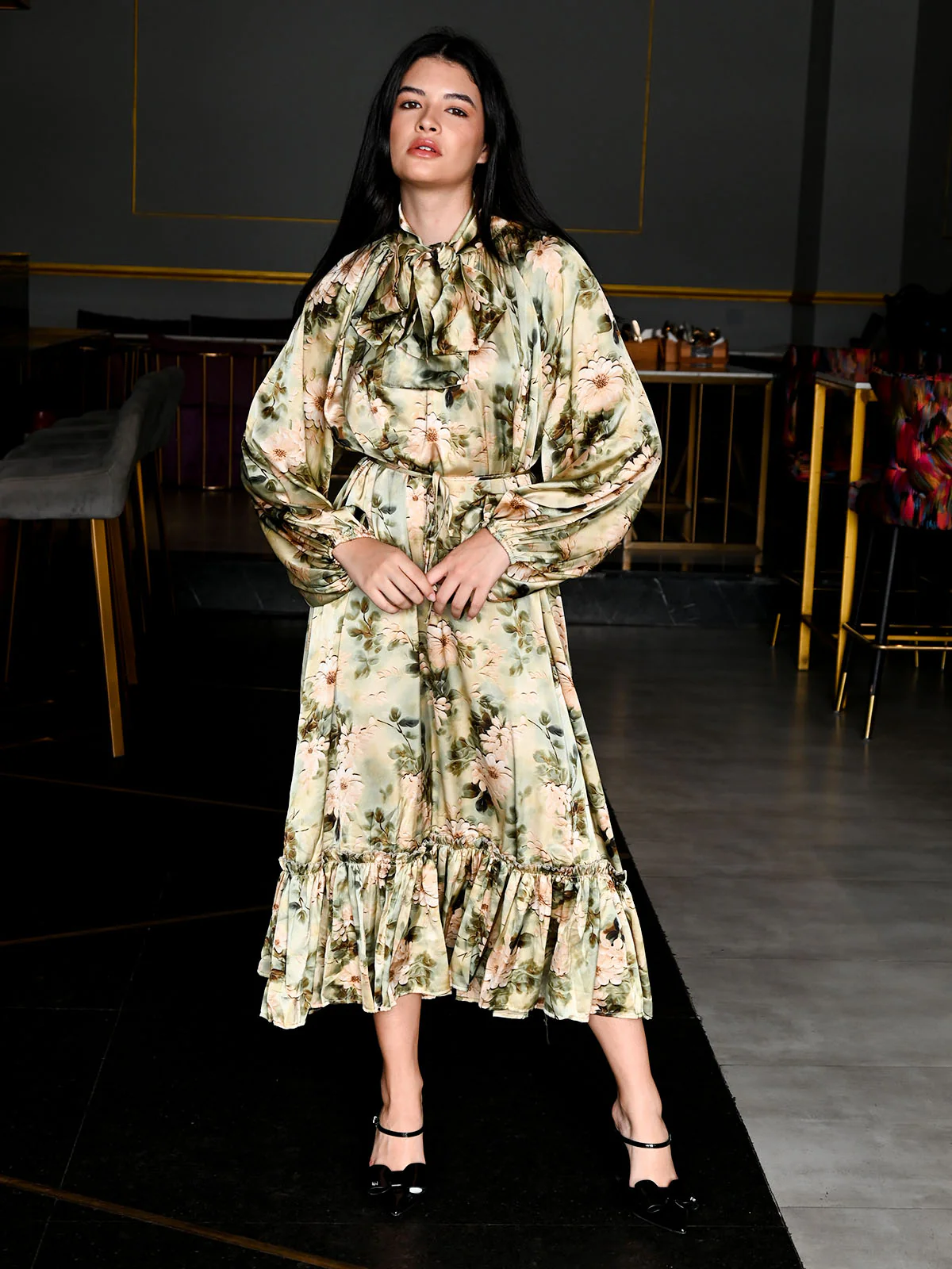 Odette Green Satin Printed Long Dress For Women - Image 2