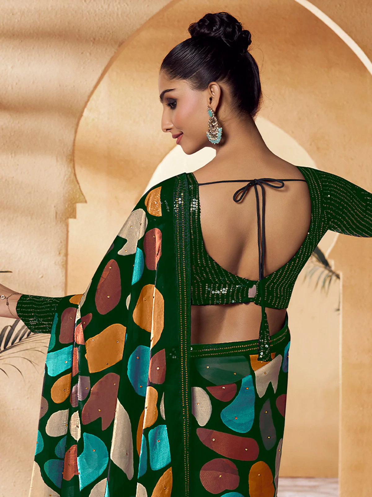 Odette Green Satin Printed Saree with Unstitched Blouse For Women - Image 3