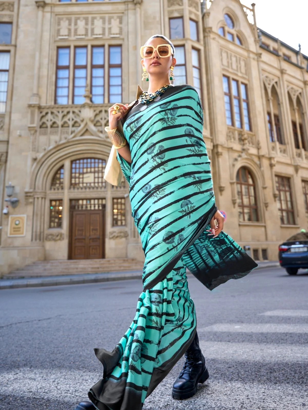 Odette Green Satin Printed Saree With Unstitched Blouse For  Women - Image 2