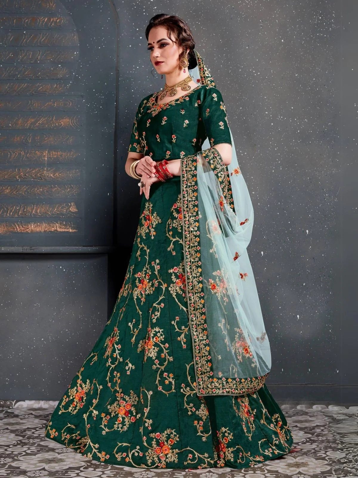 Odette Green Satin Silk Embroidered Semi Stitched Lehenga With Blouse For Women - Image 2