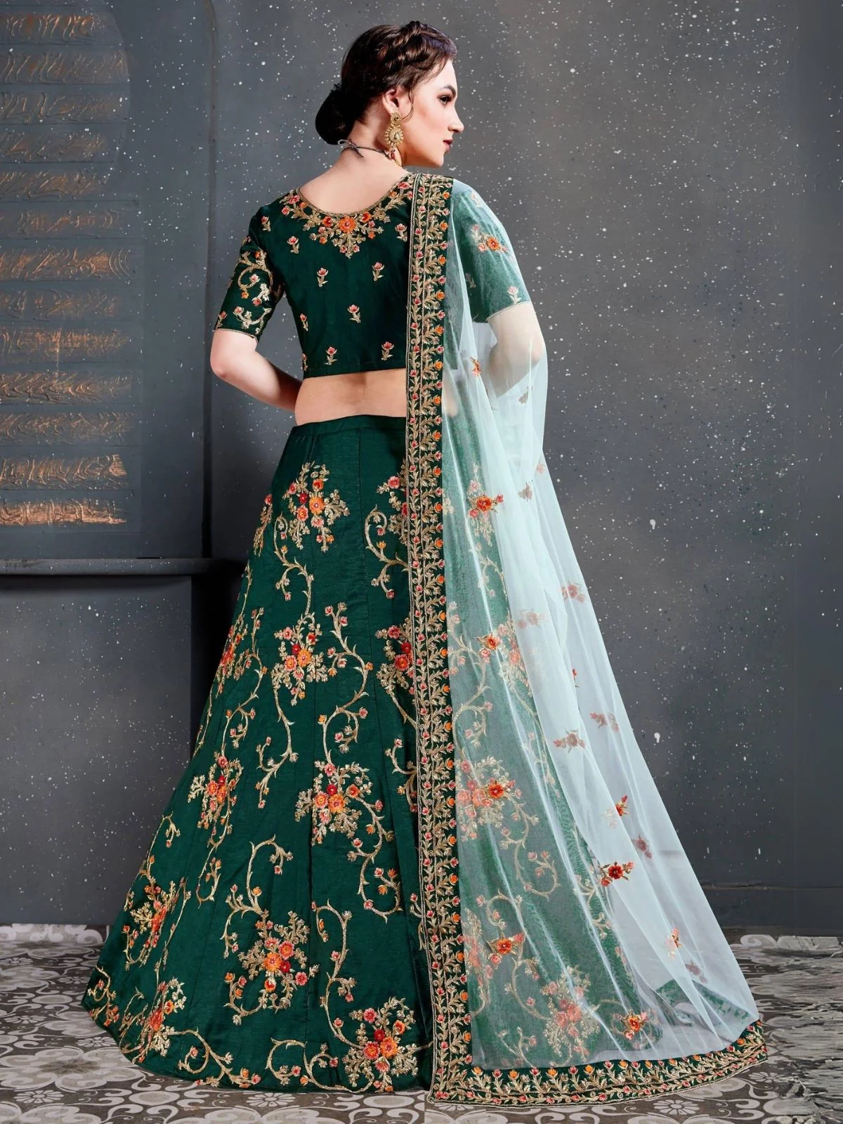 Odette Green Satin Silk Embroidered Semi Stitched Lehenga With Blouse For Women - Image 3