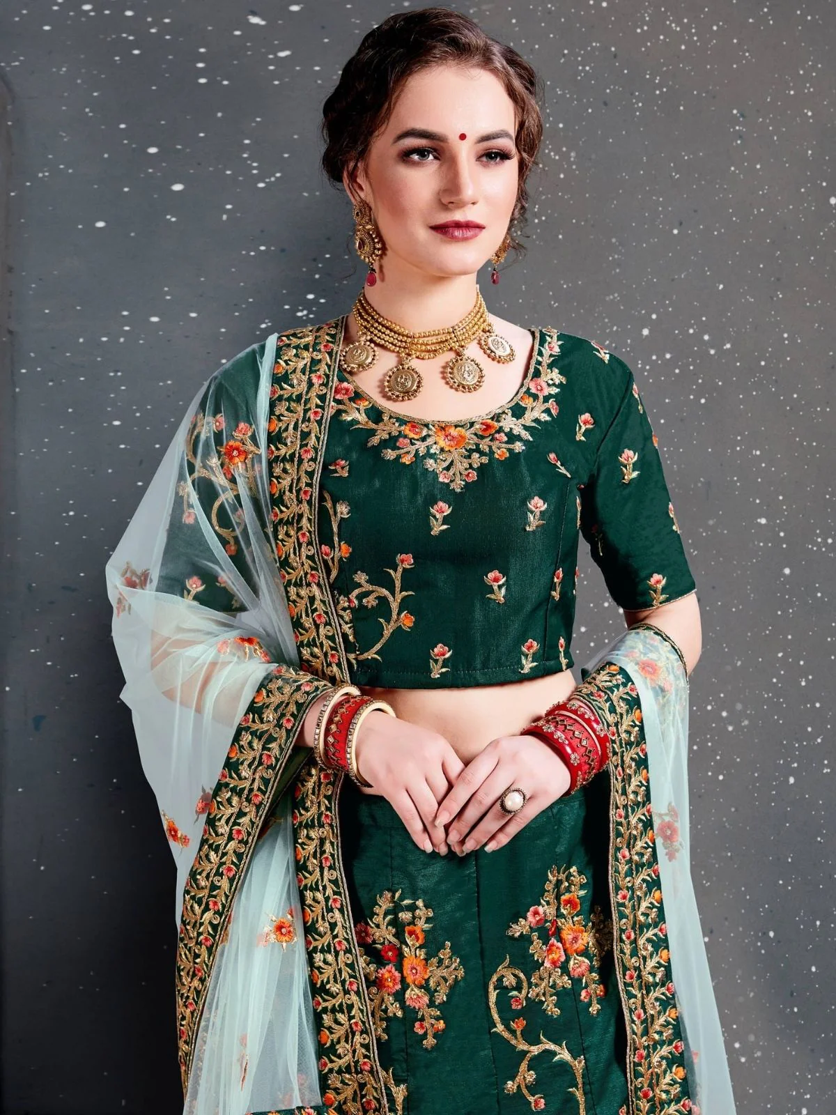 Odette Green Satin Silk Embroidered Semi Stitched Lehenga With Blouse For Women - Image 4