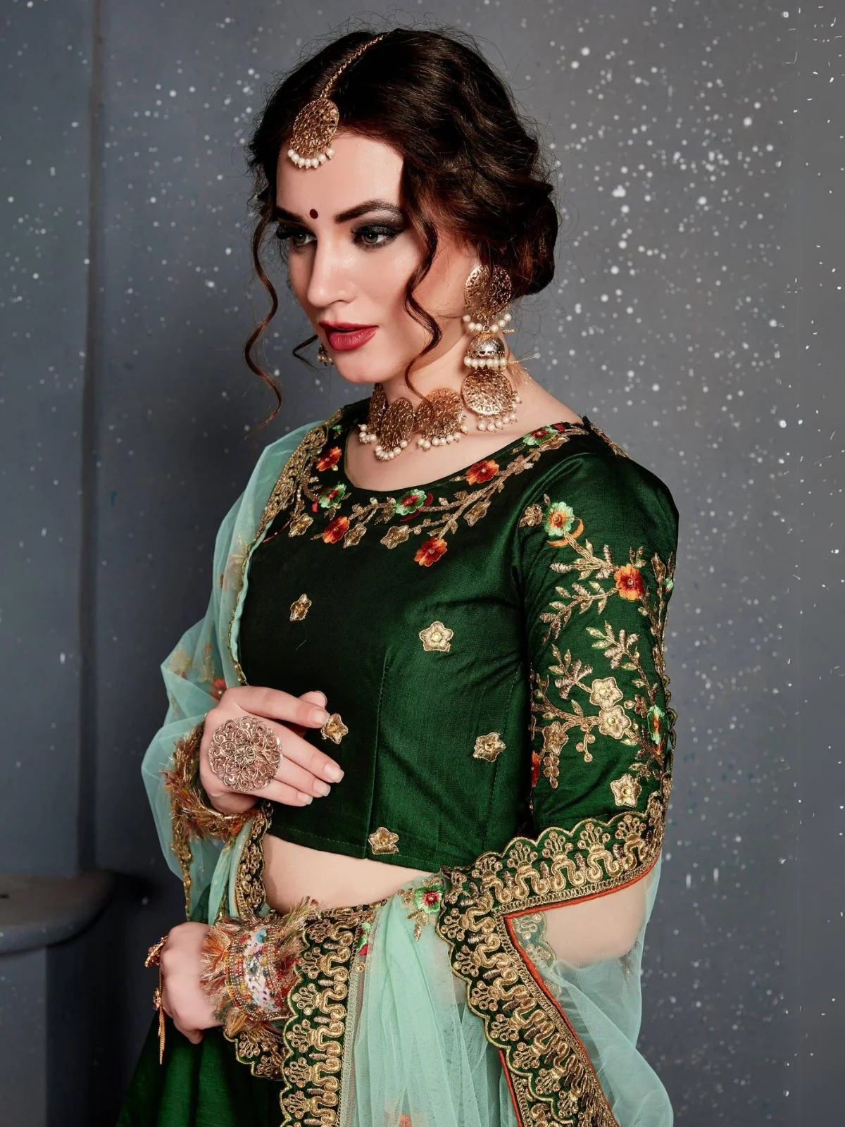 Odette Green Satin Silk Embroidered Semi Stitched Lehenga With Blouse For Women - Image 5