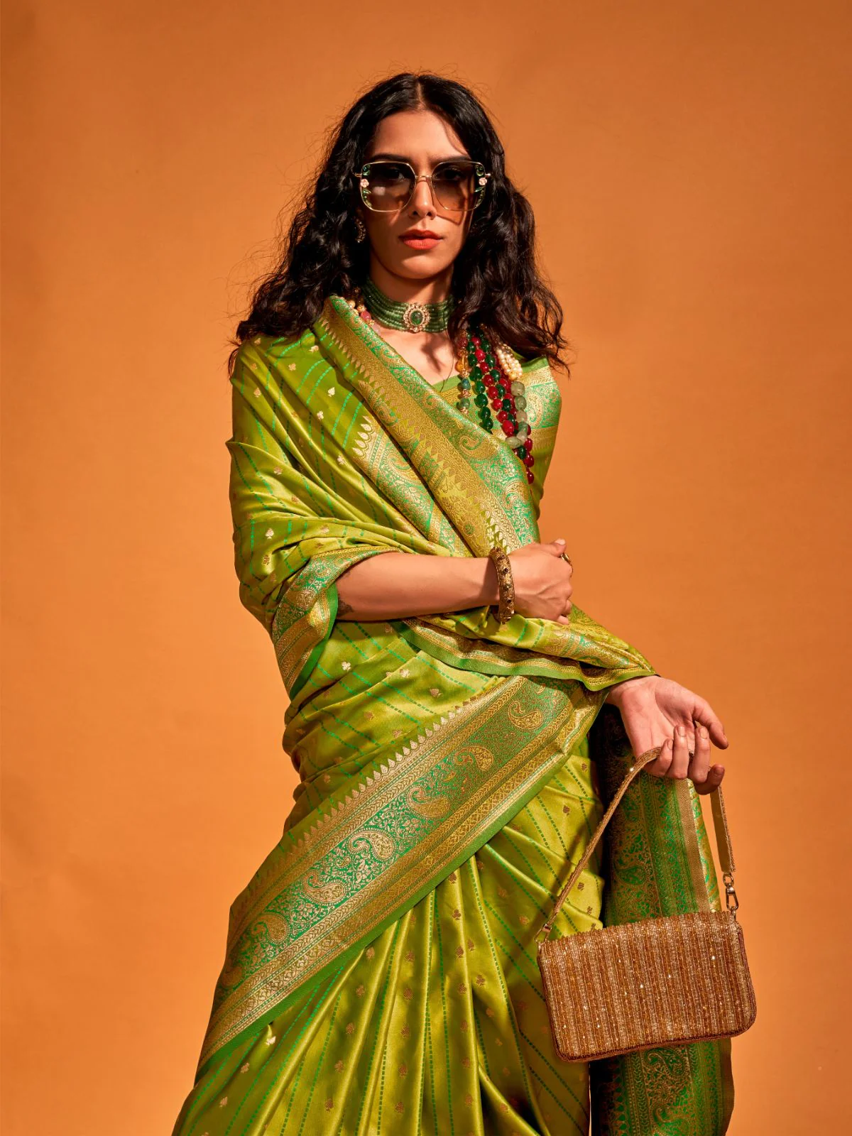 Odette Green Satin Woven Saree With Unstitched Blouse For Women - Image 2