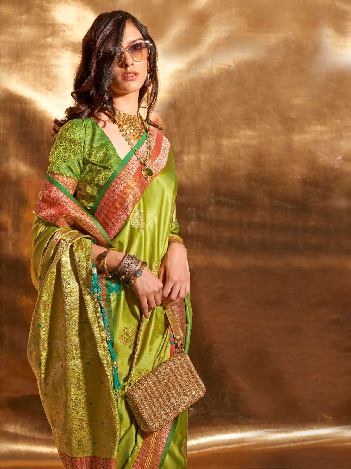 Odette Green Satin Woven Saree With Unstitched Blouse For Women - Image 2
